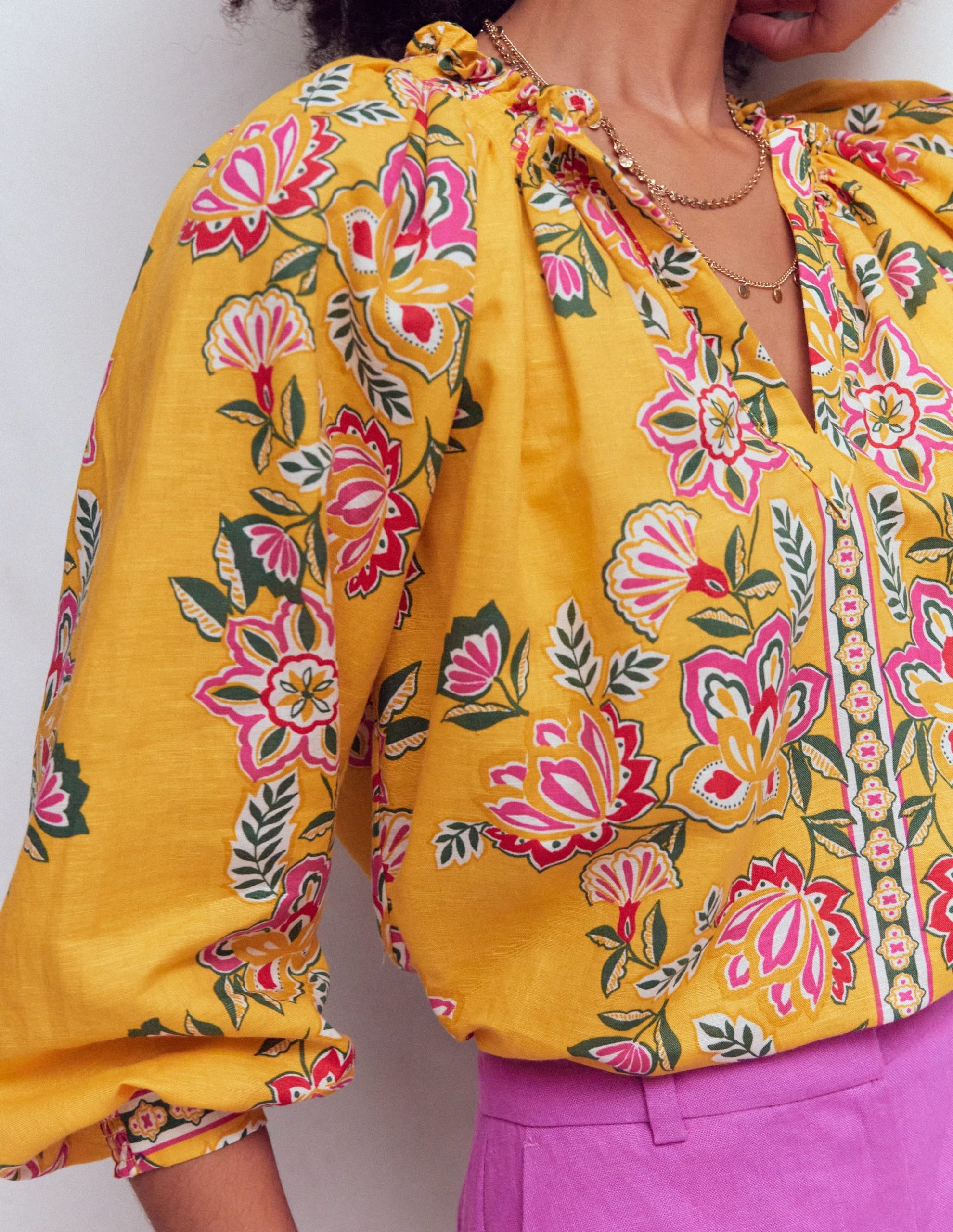 Serena Pleat Neck Linen Top-Marigold. Blossom Elegance - Image 2