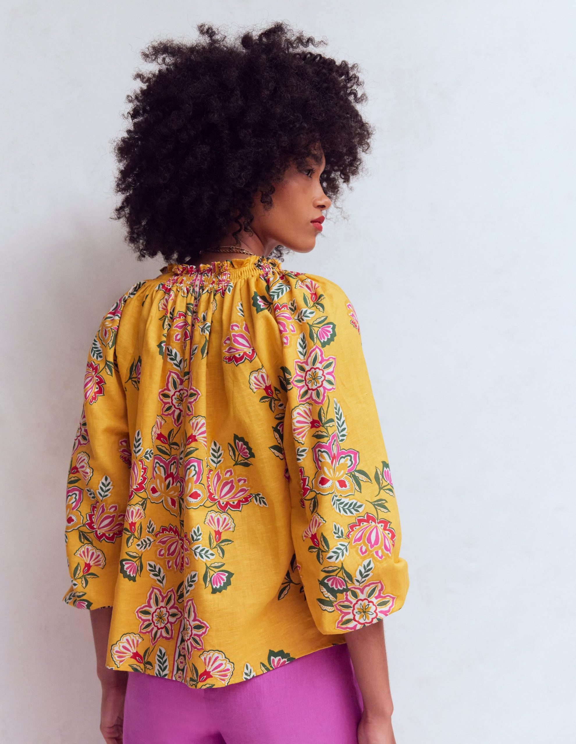 Serena Pleat Neck Linen Top-Marigold. Blossom Elegance - Image 3