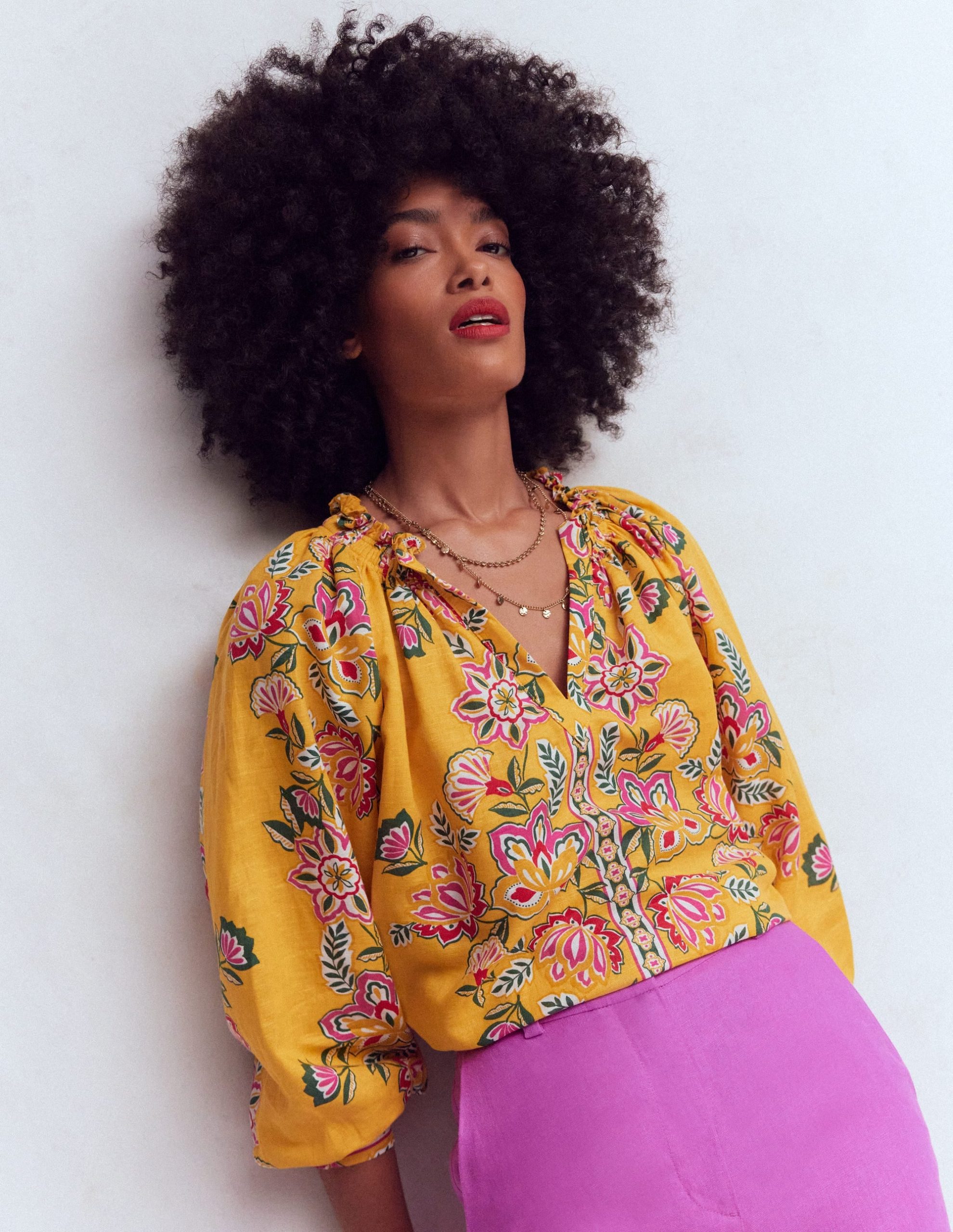 Serena Pleat Neck Linen Top-Marigold. Blossom Elegance - Image 4