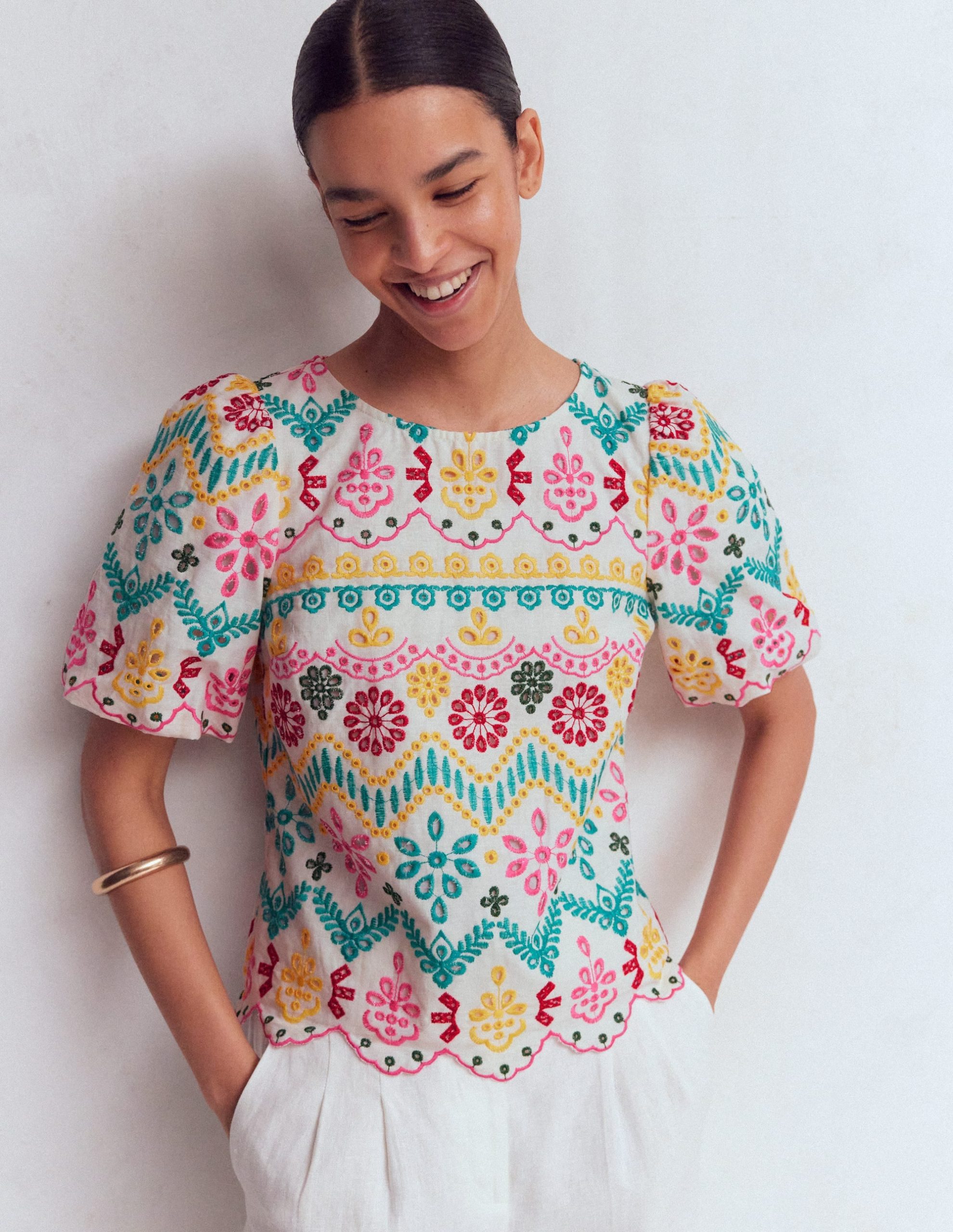 Linen Puff Sleeve Top-Multi Broderie
