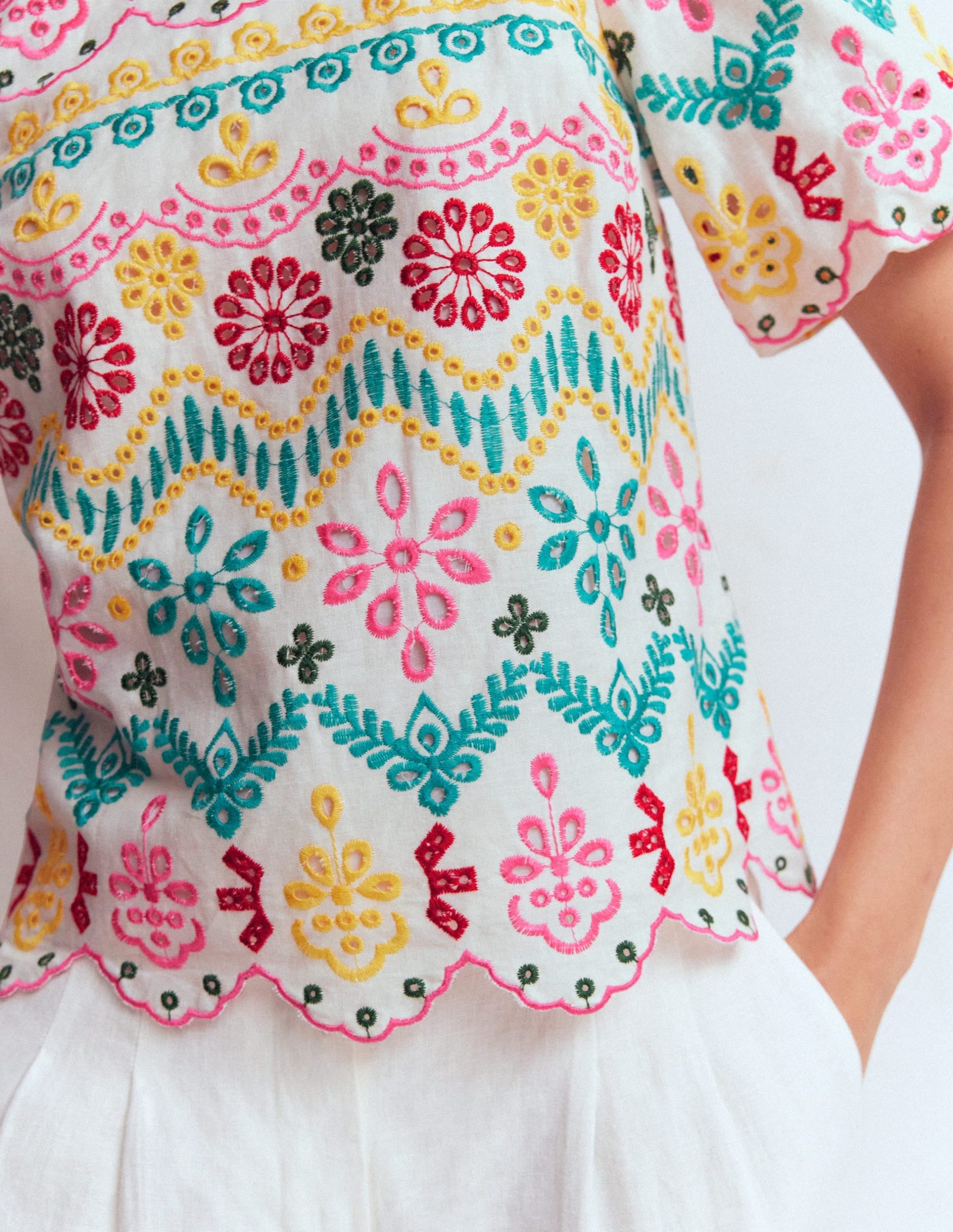 Linen Puff Sleeve Top-Multi Broderie - Image 2