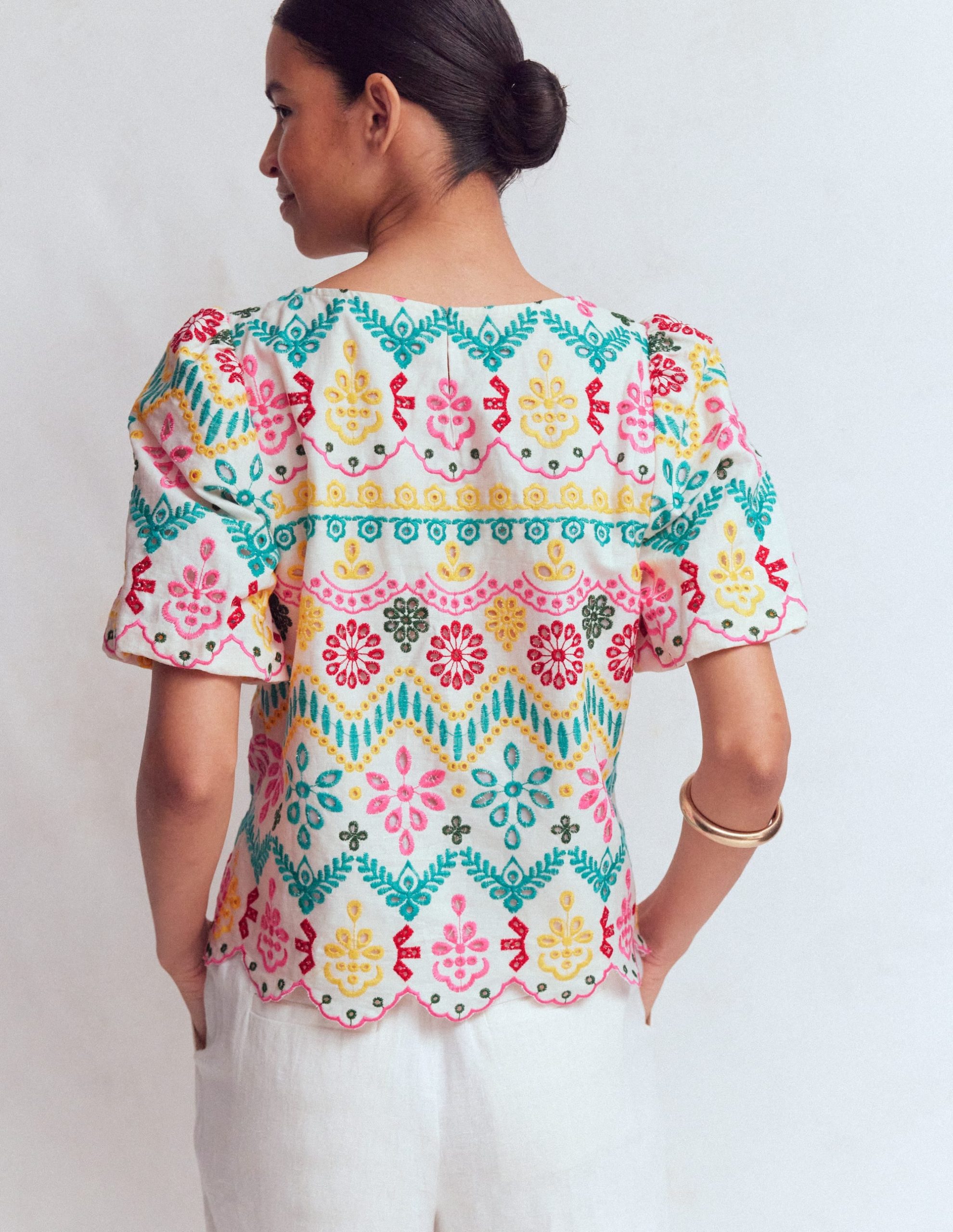 Linen Puff Sleeve Top-Multi Broderie - Image 3