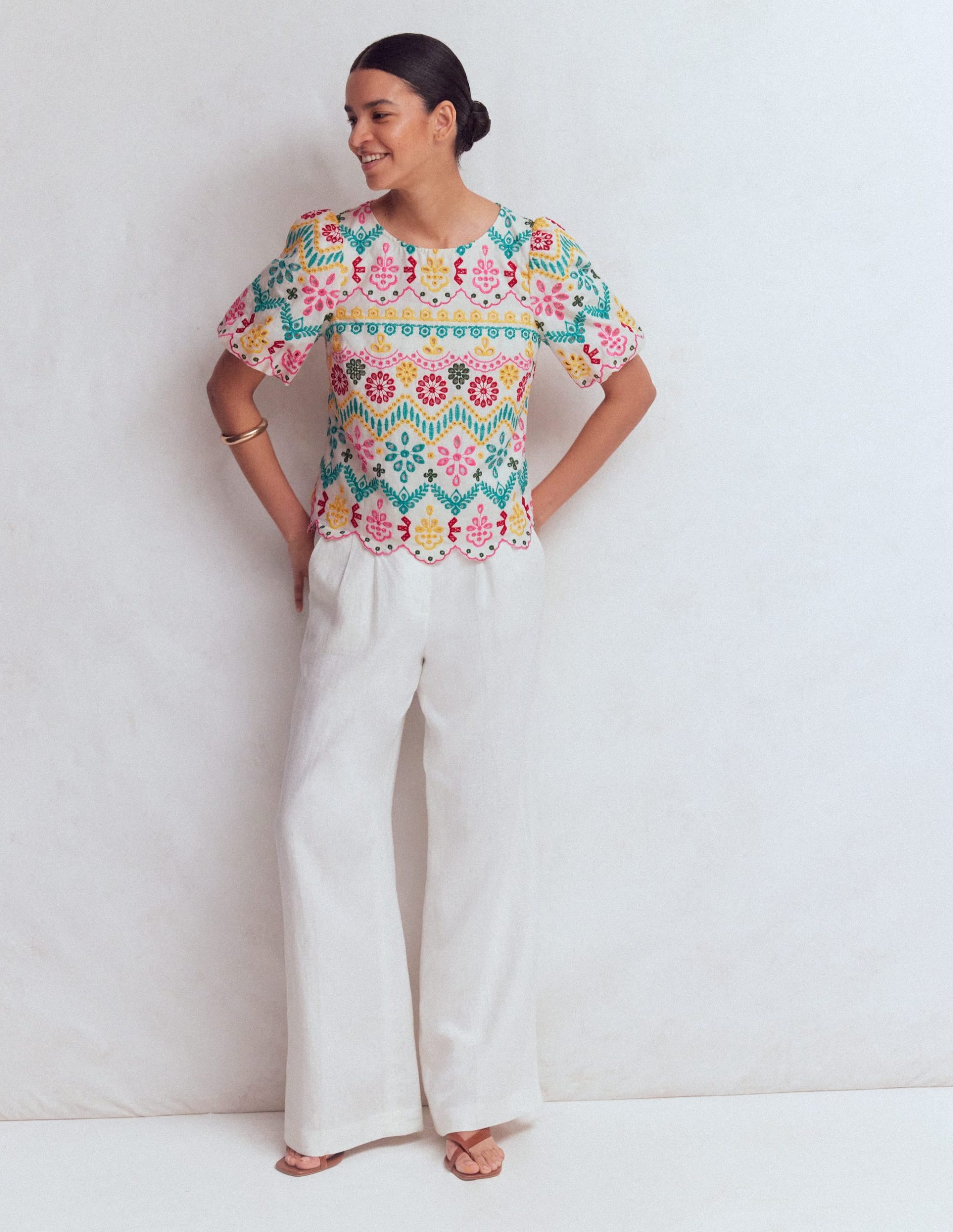 Linen Puff Sleeve Top-Multi Broderie - Image 4