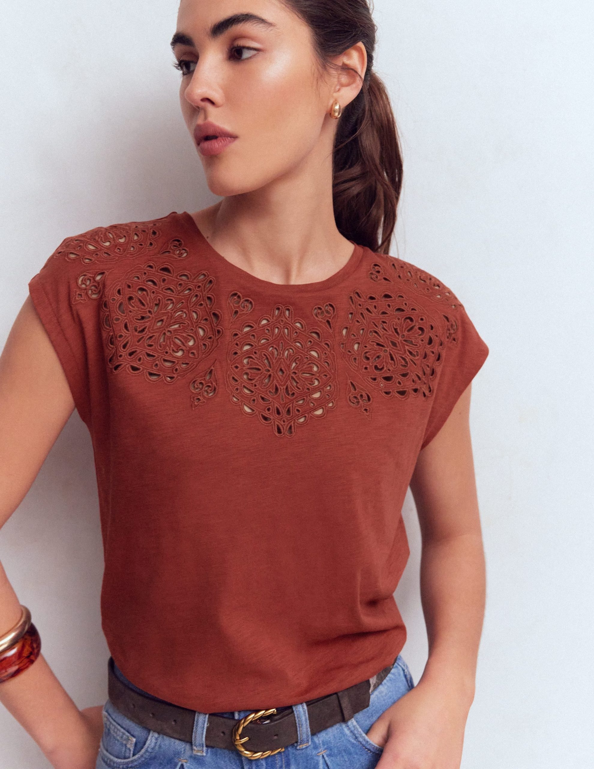 Willow Broderie T-shirt-Burnt Orange - Image 4