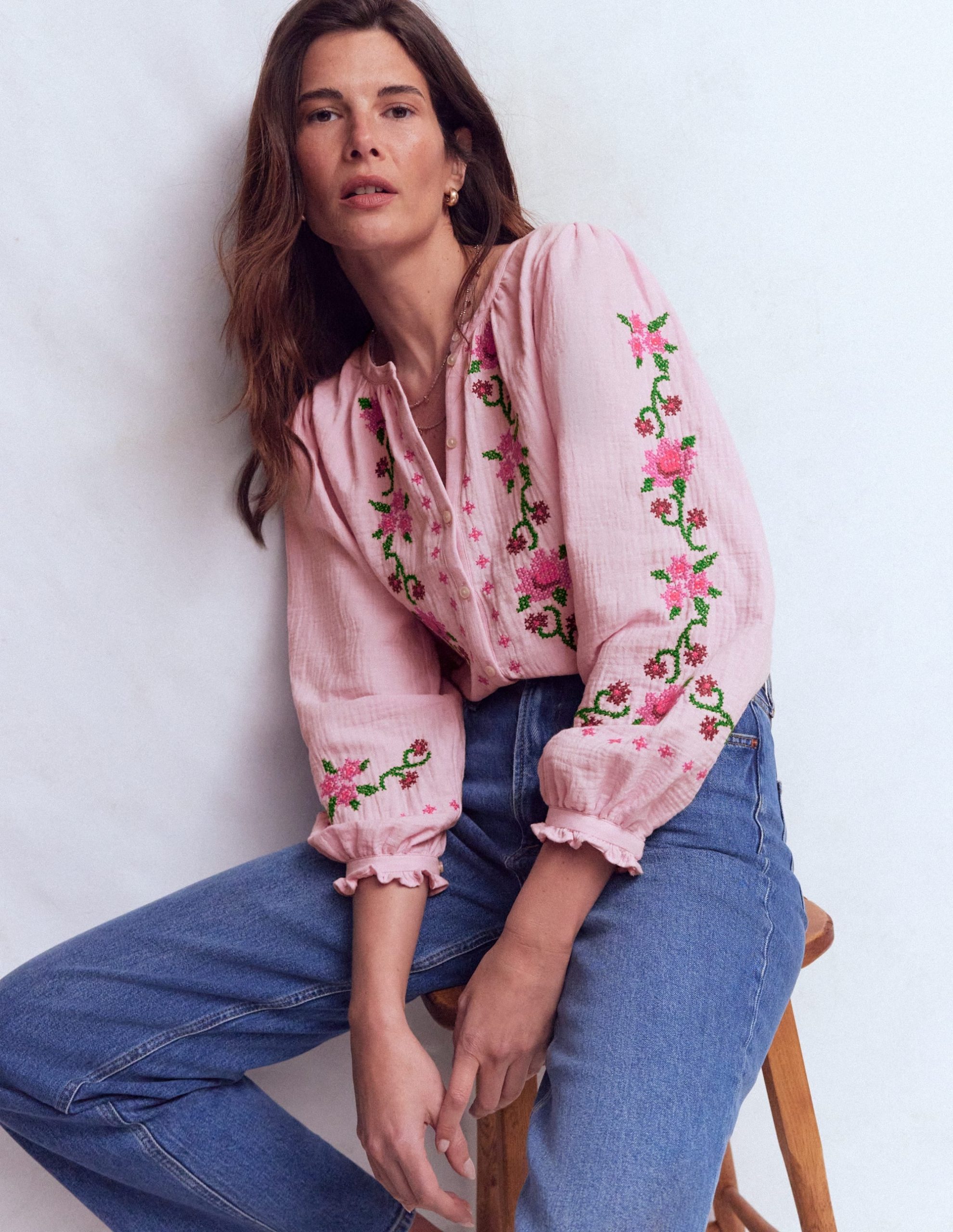 Camille Double Cloth Top-Spring Blossom Pink Embroidery - Image 2