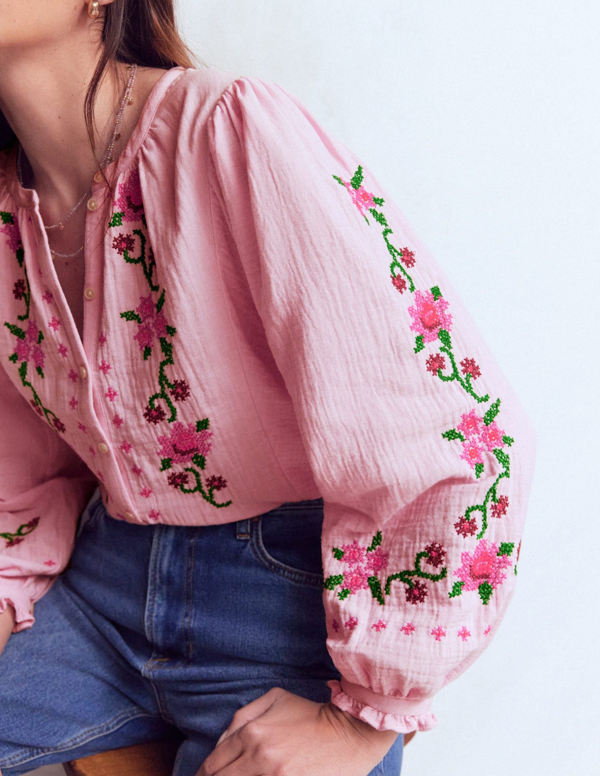 Camille Double Cloth Top-Spring Blossom Pink Embroidery - Image 3