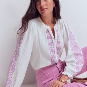 Camille Double Cloth Top-White Embroidery