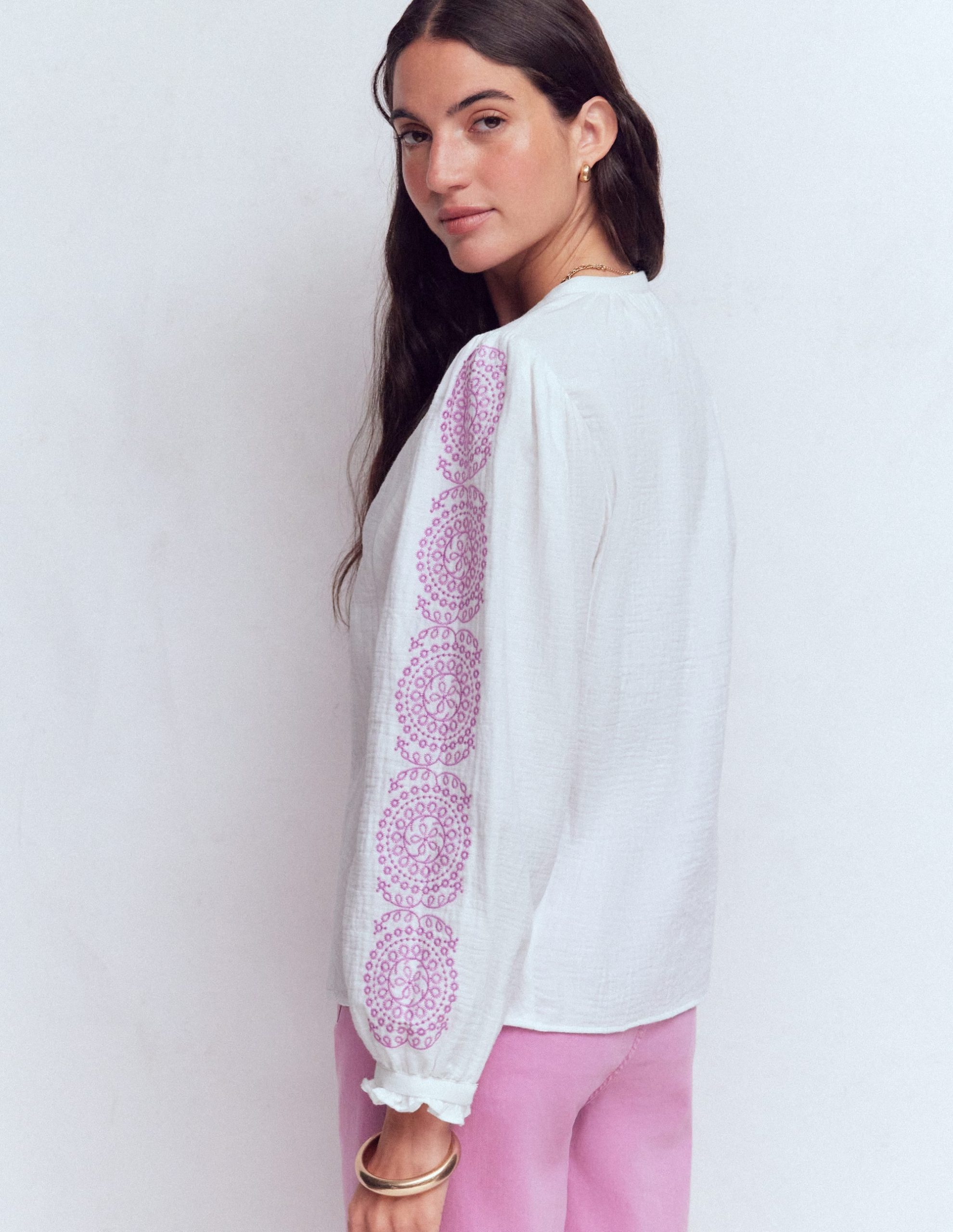 Camille Double Cloth Top-White Embroidery - Image 3
