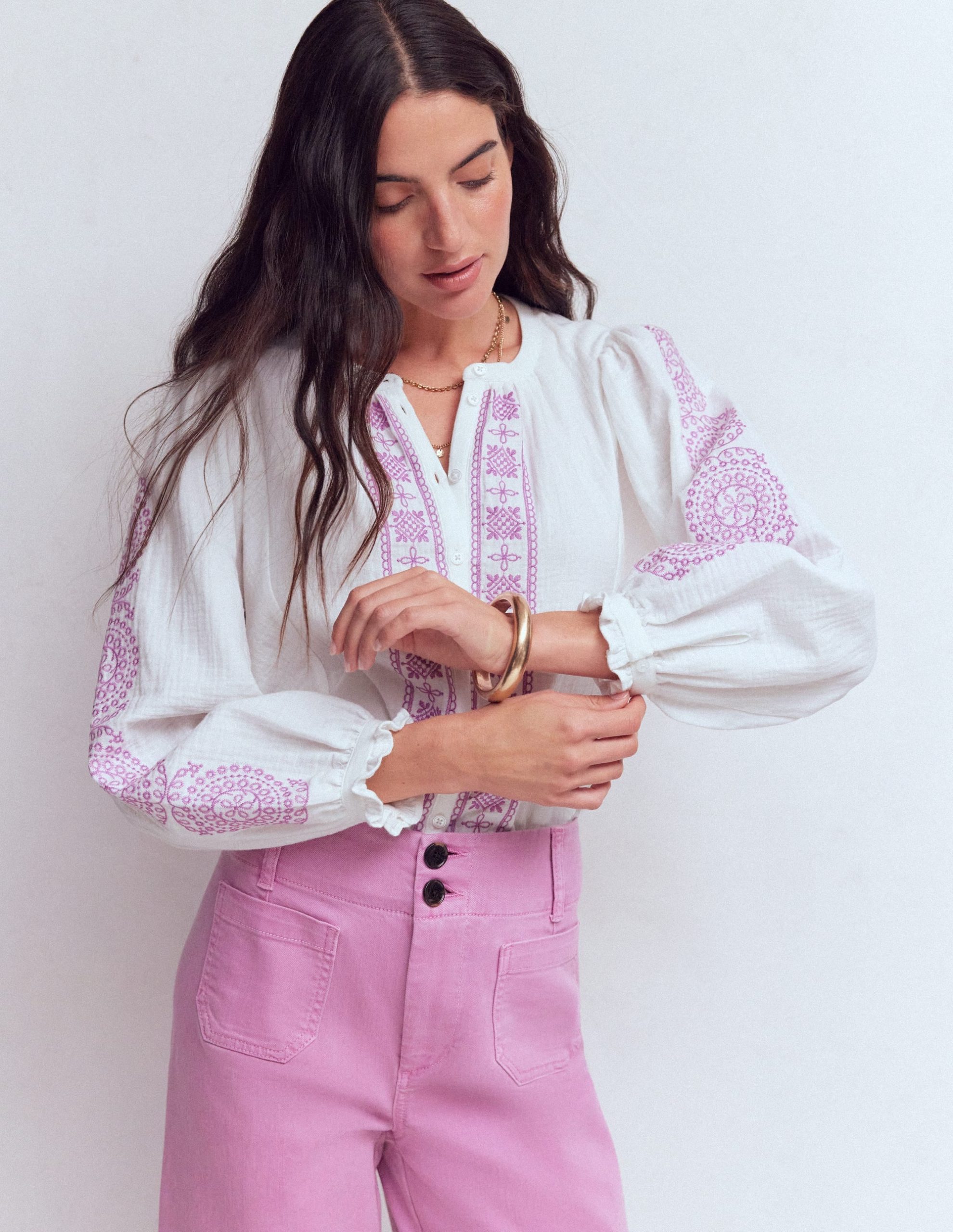 Camille Double Cloth Top-White Embroidery - Image 6