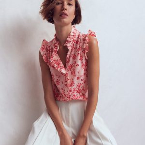 Isabel Sleeveless Silk Top-Pink. Bloom Scatter Mono