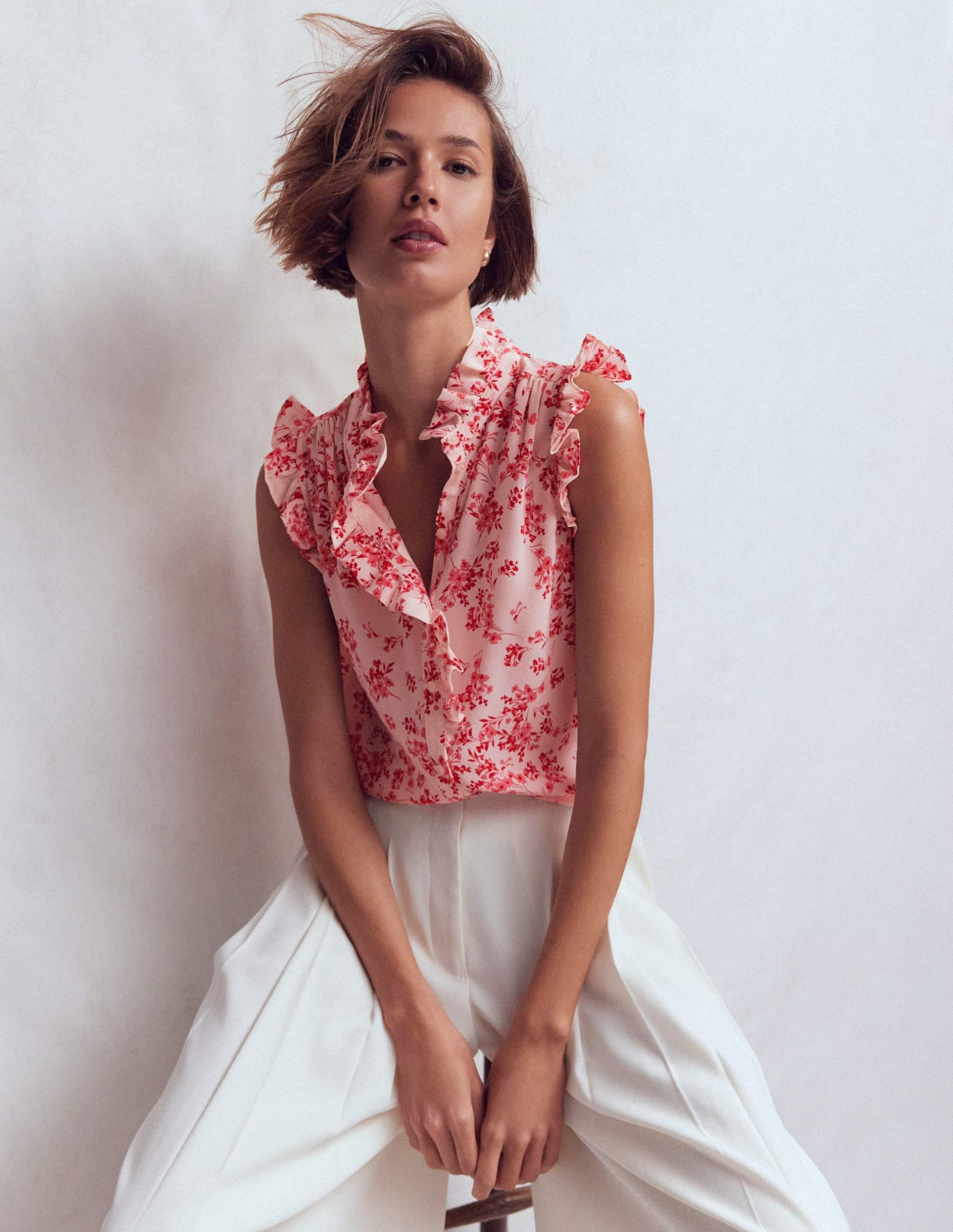 Isabel Sleeveless Silk Top-Pink. Bloom Scatter Mono