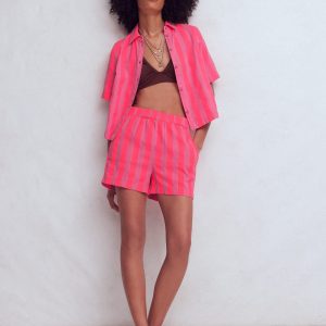 Double Cloth Shirt-Pink. Neon Coral Mid Stripe