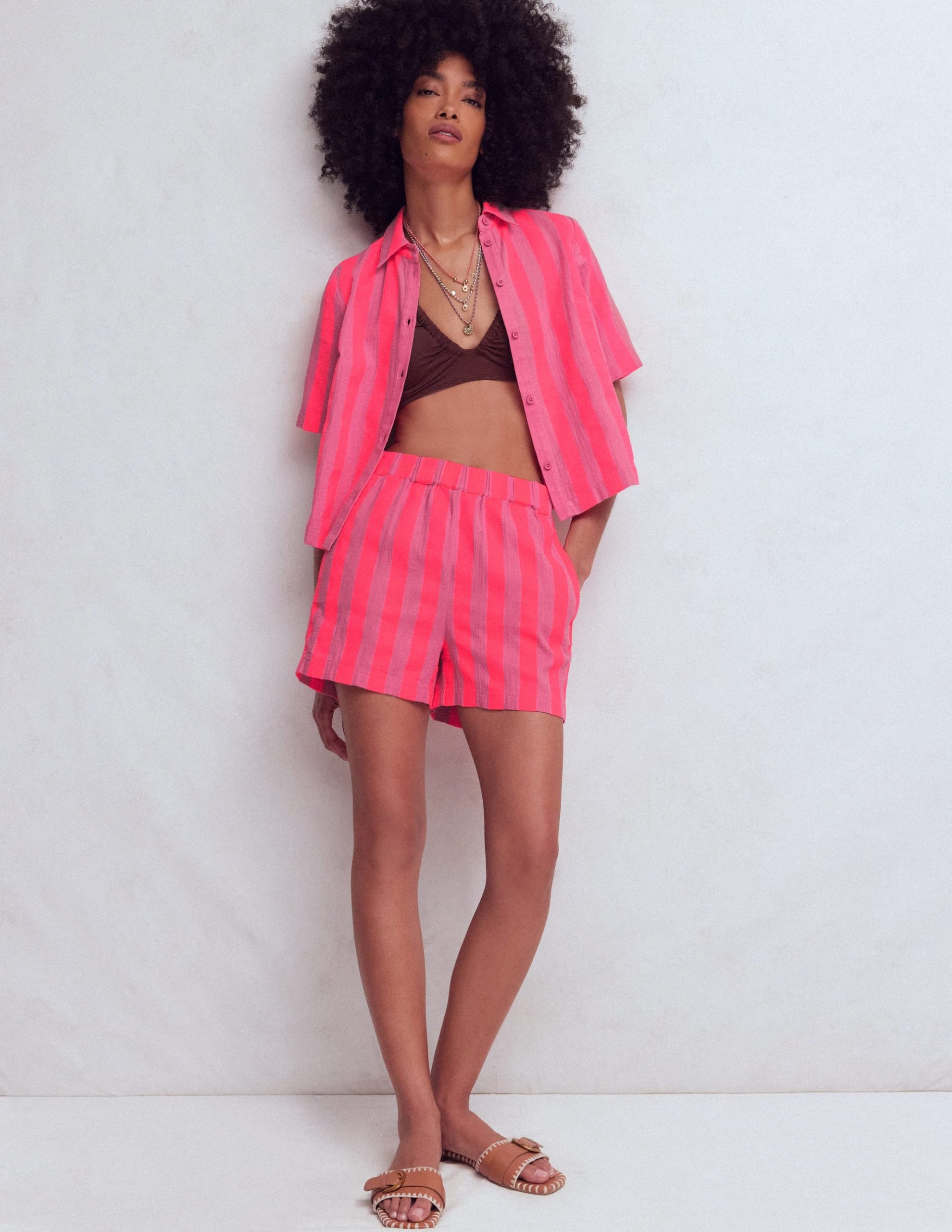 Double Cloth Shirt-Pink. Neon Coral Mid Stripe