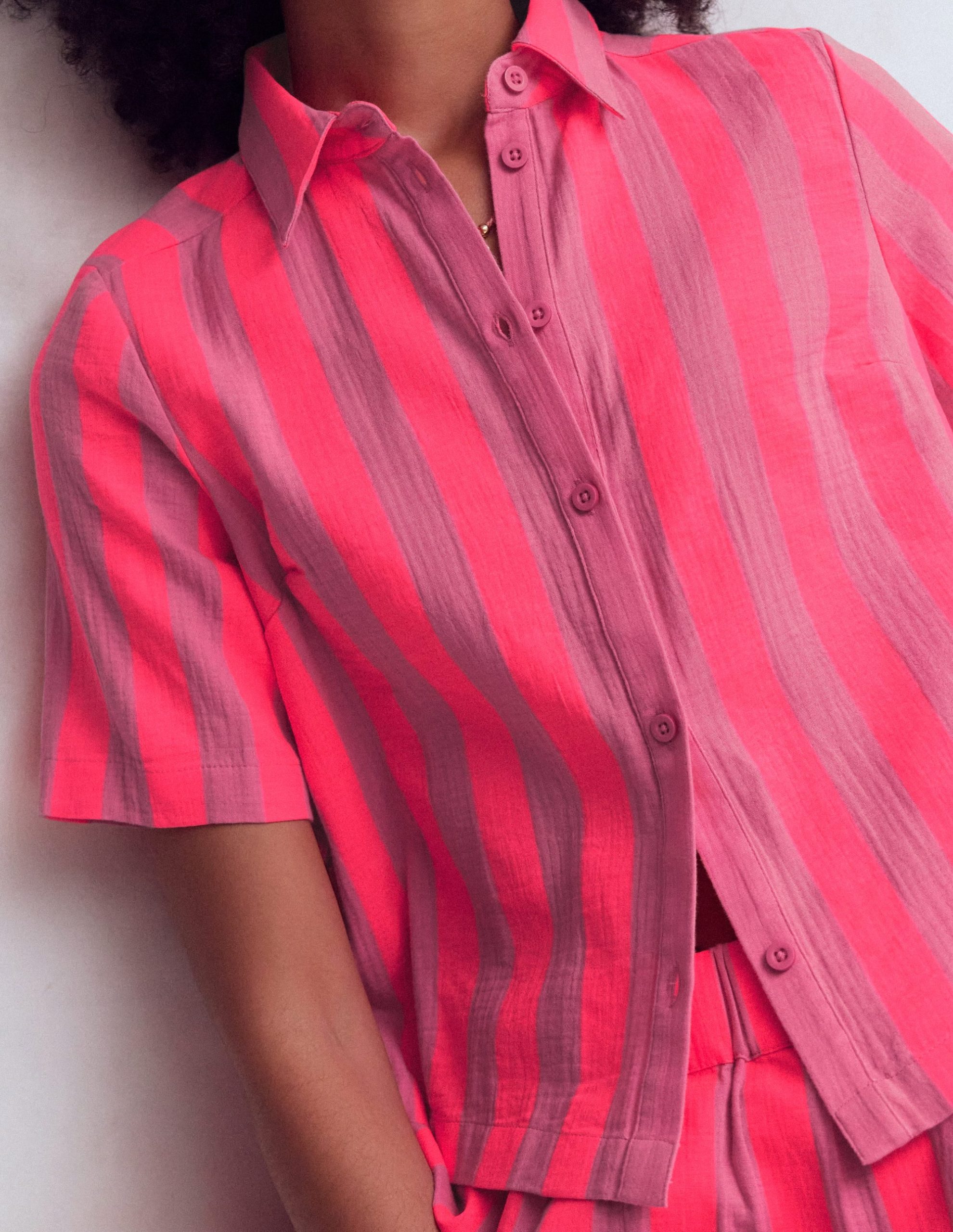 Double Cloth Shirt-Pink. Neon Coral Mid Stripe - Image 2