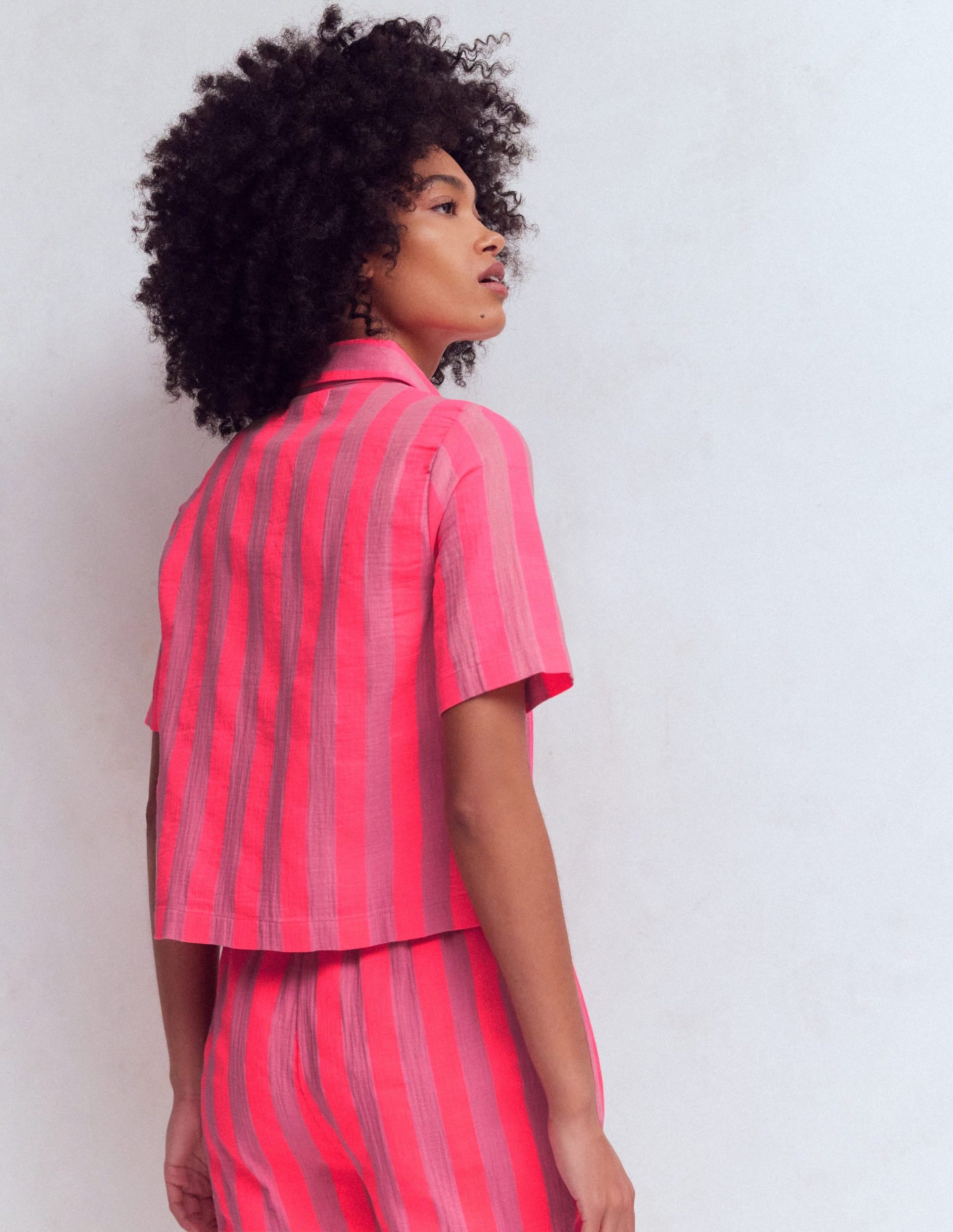 Double Cloth Shirt-Pink. Neon Coral Mid Stripe - Image 3