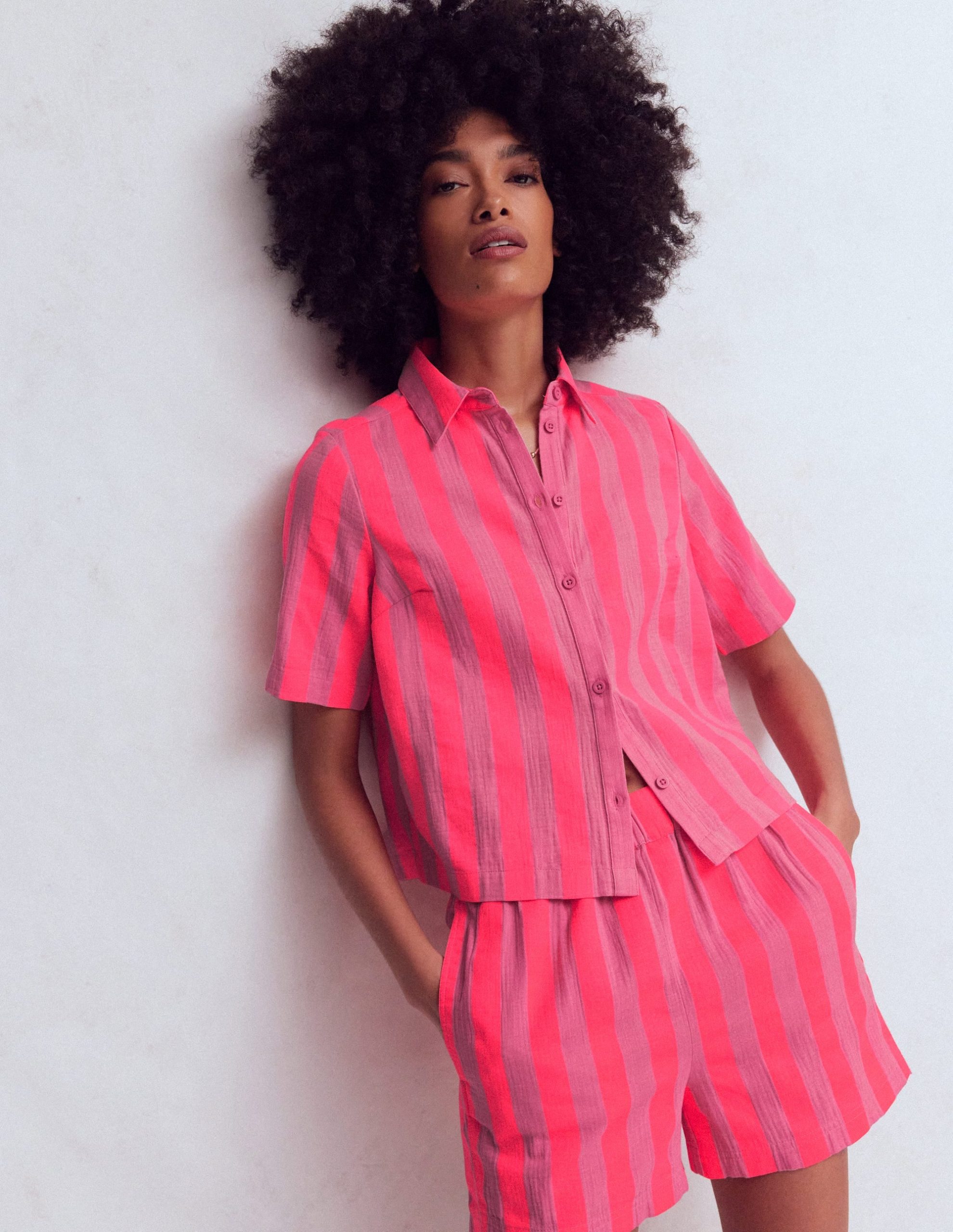 Double Cloth Shirt-Pink. Neon Coral Mid Stripe - Image 4