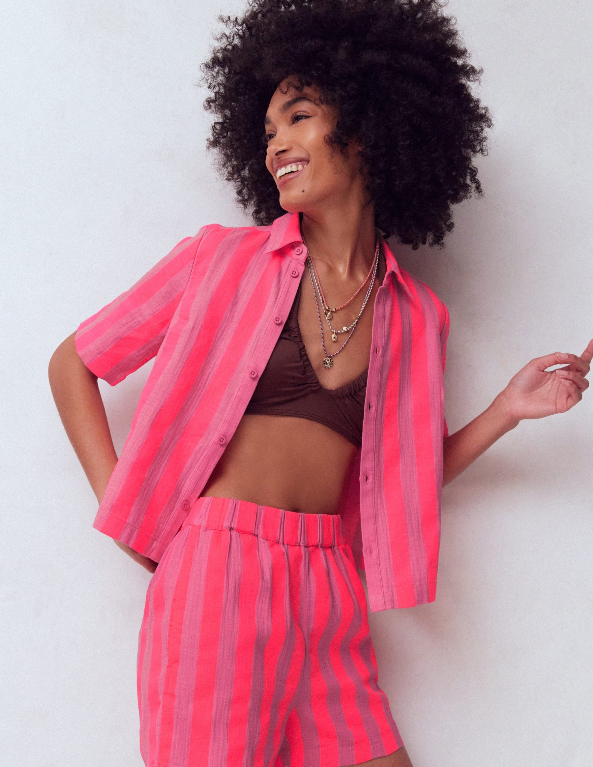 Double Cloth Shirt-Pink. Neon Coral Mid Stripe - Image 5