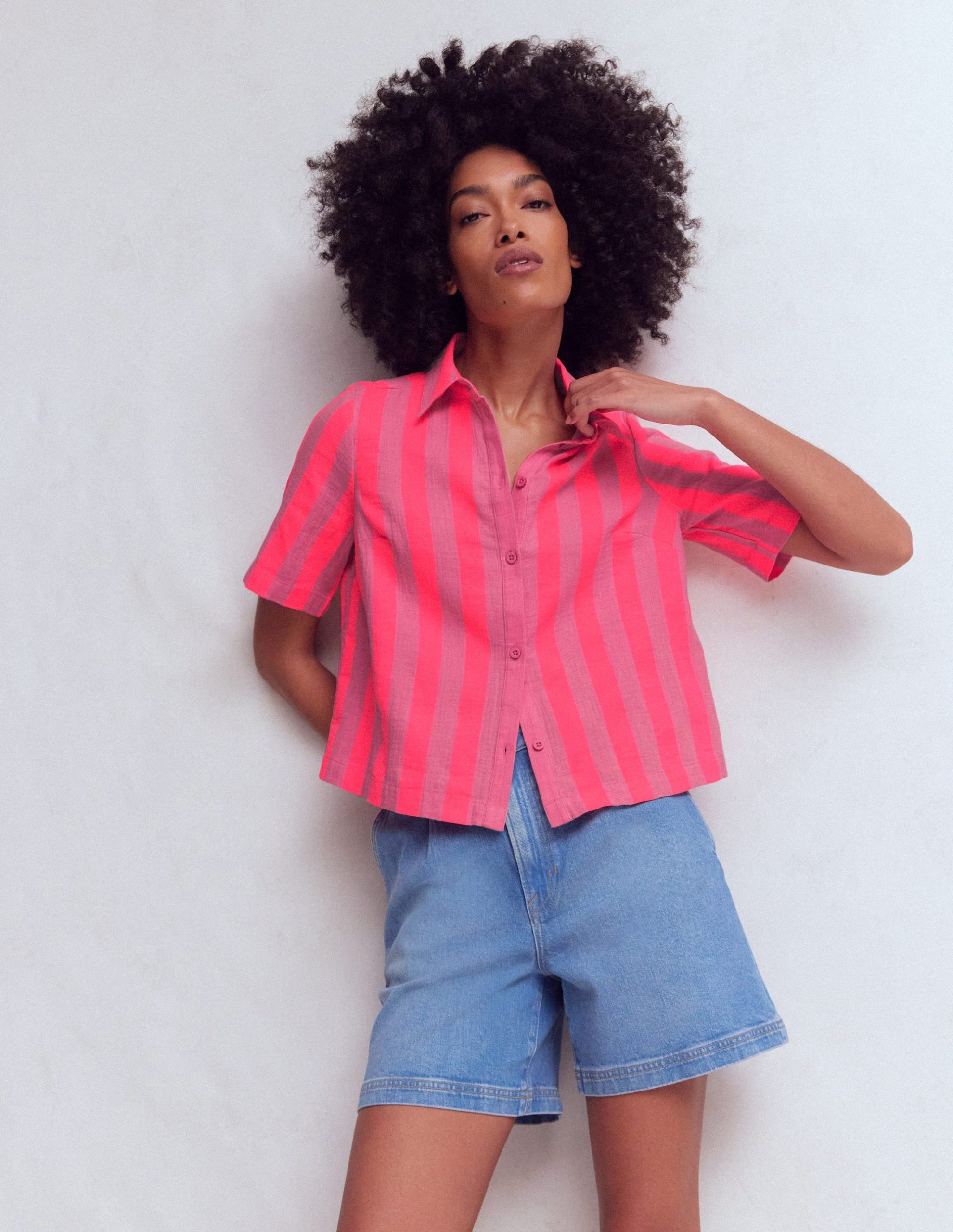 Double Cloth Shirt-Pink. Neon Coral Mid Stripe - Image 6