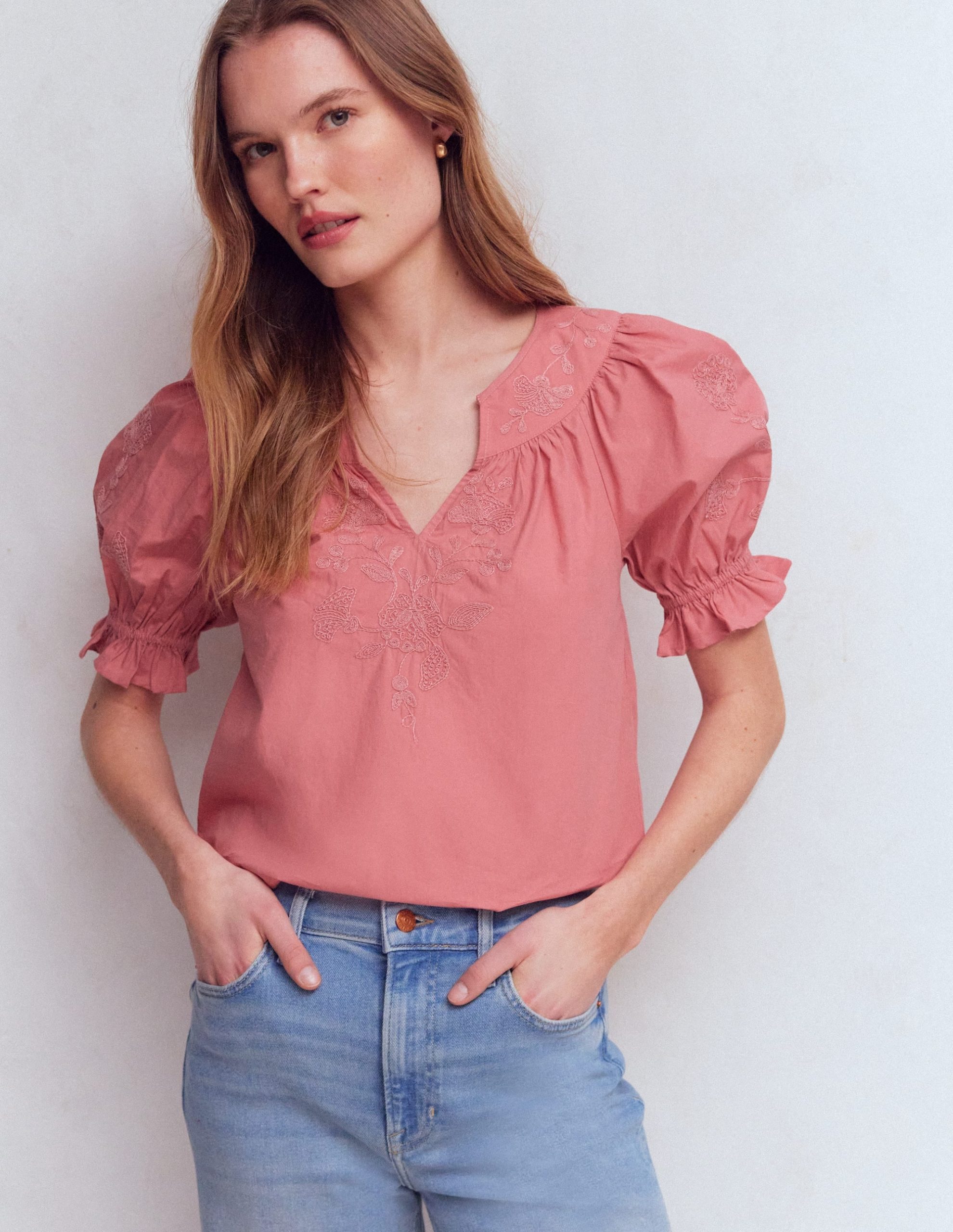 Cotton Embroidered Yoke Top-Vintage Rose Embroidered - Image 4
