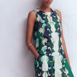 Relaxed Sleeveless Shell Top-Ivory. Foliage Whirl