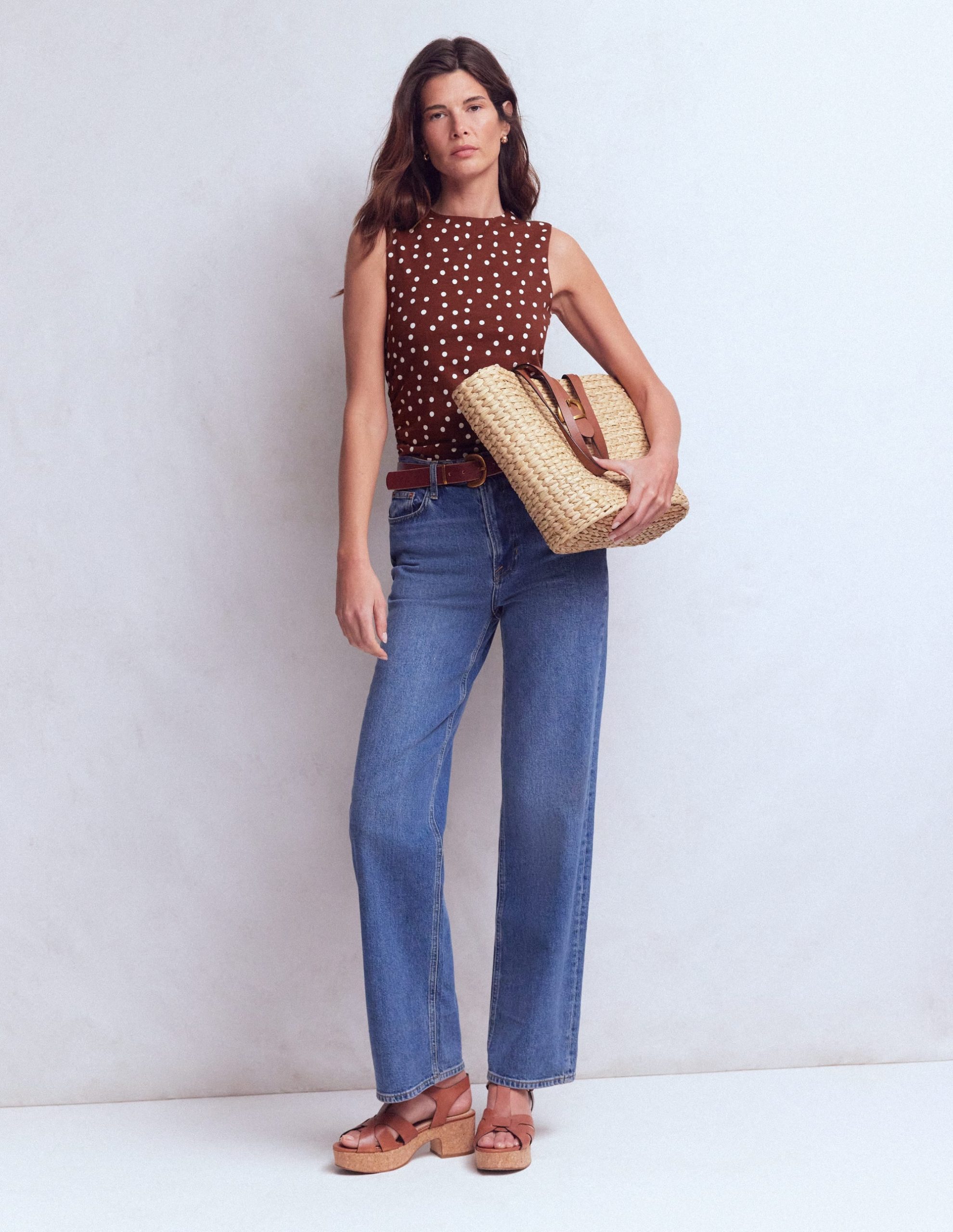 Tia Sleeveless Ruch Jersey Top-Bitter Chocolate & Ivory Spot - Image 4