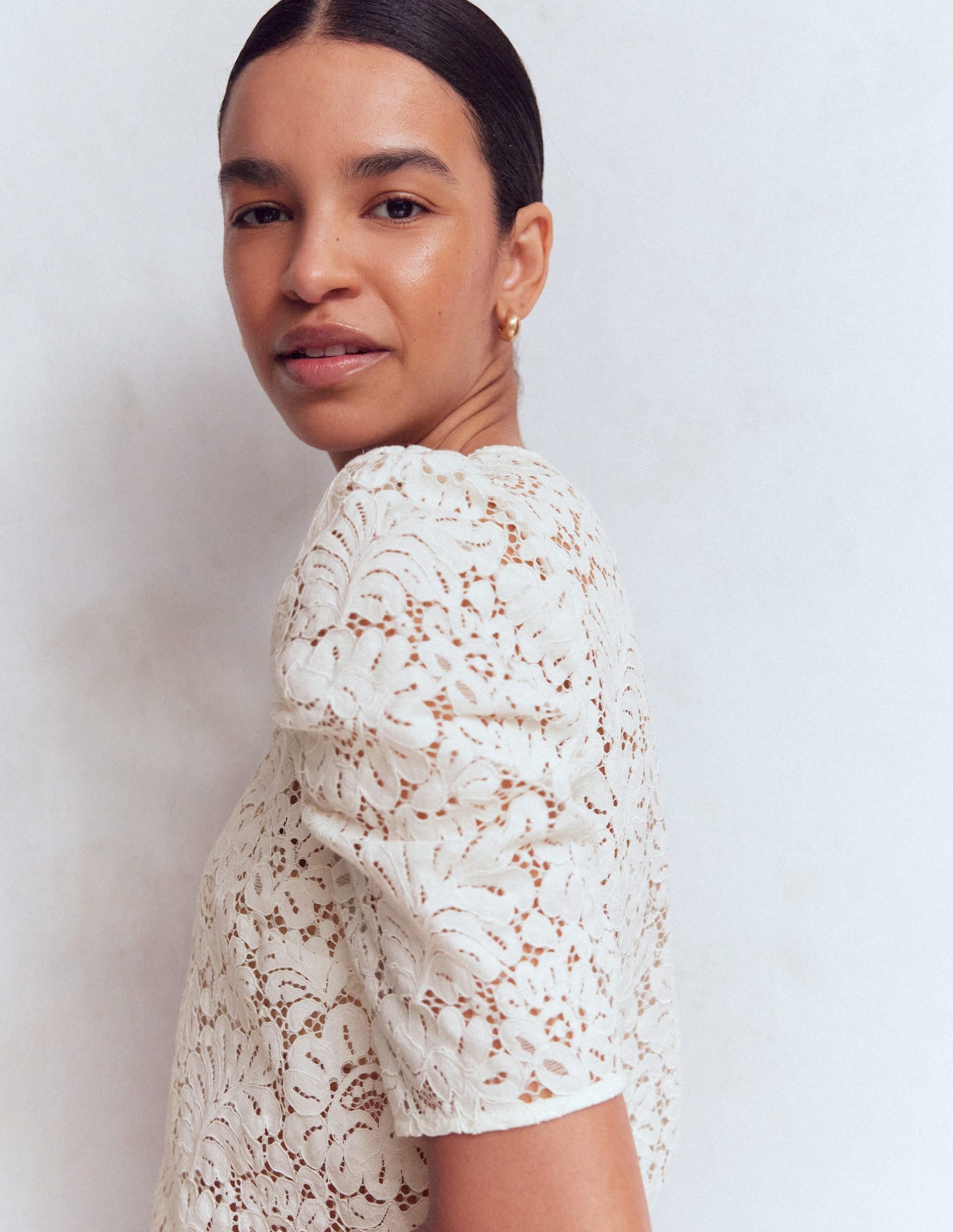 Pleat Sleeve Lace T-shirt-Ivory - Image 2