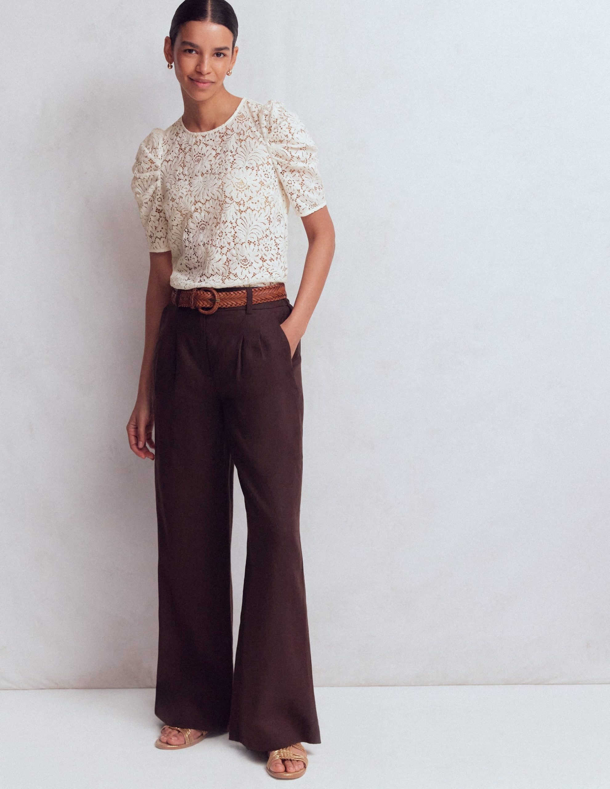 Pleat Sleeve Lace T-shirt-Ivory - Image 4