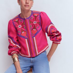 Embroidered Linen Jacket-Pink Peony. Embroidered