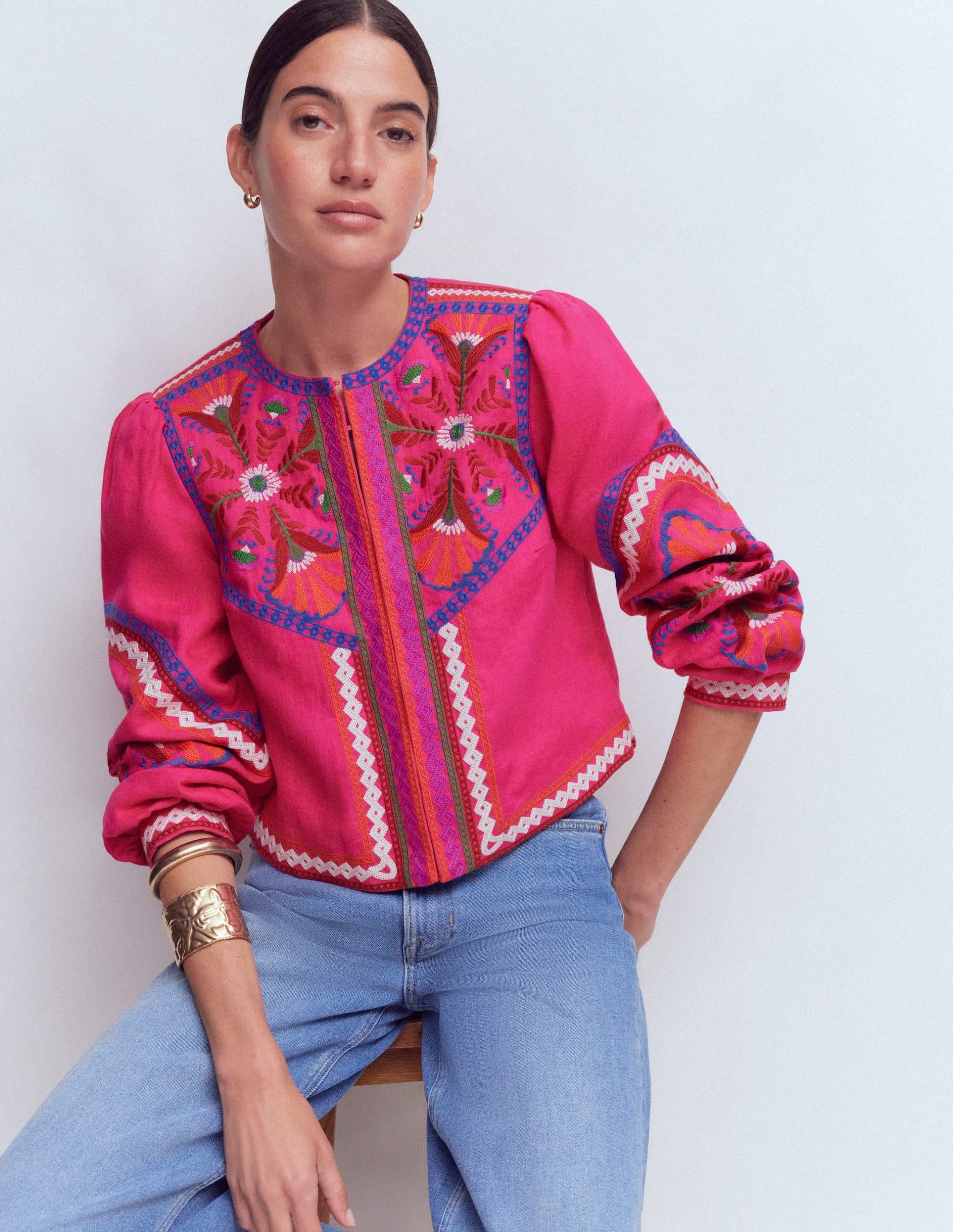 Embroidered Linen Jacket-Pink Peony. Embroidered