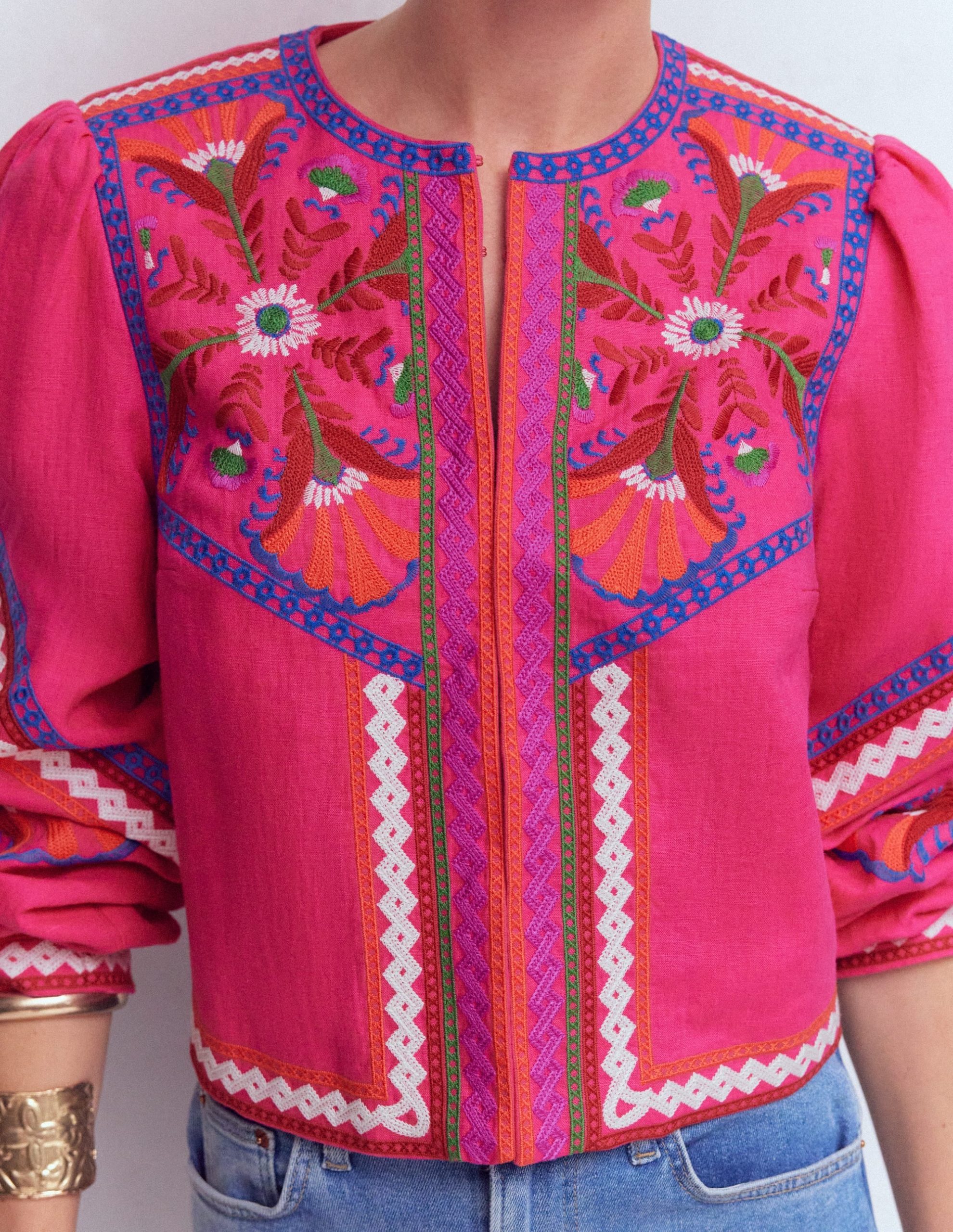 Embroidered Linen Jacket-Pink Peony. Embroidered - Image 2