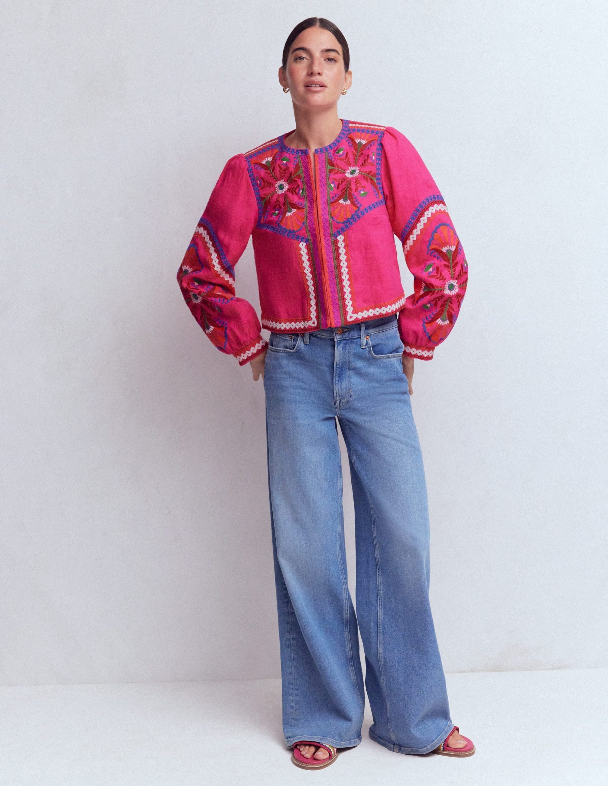 Embroidered Linen Jacket-Pink Peony. Embroidered - Image 3