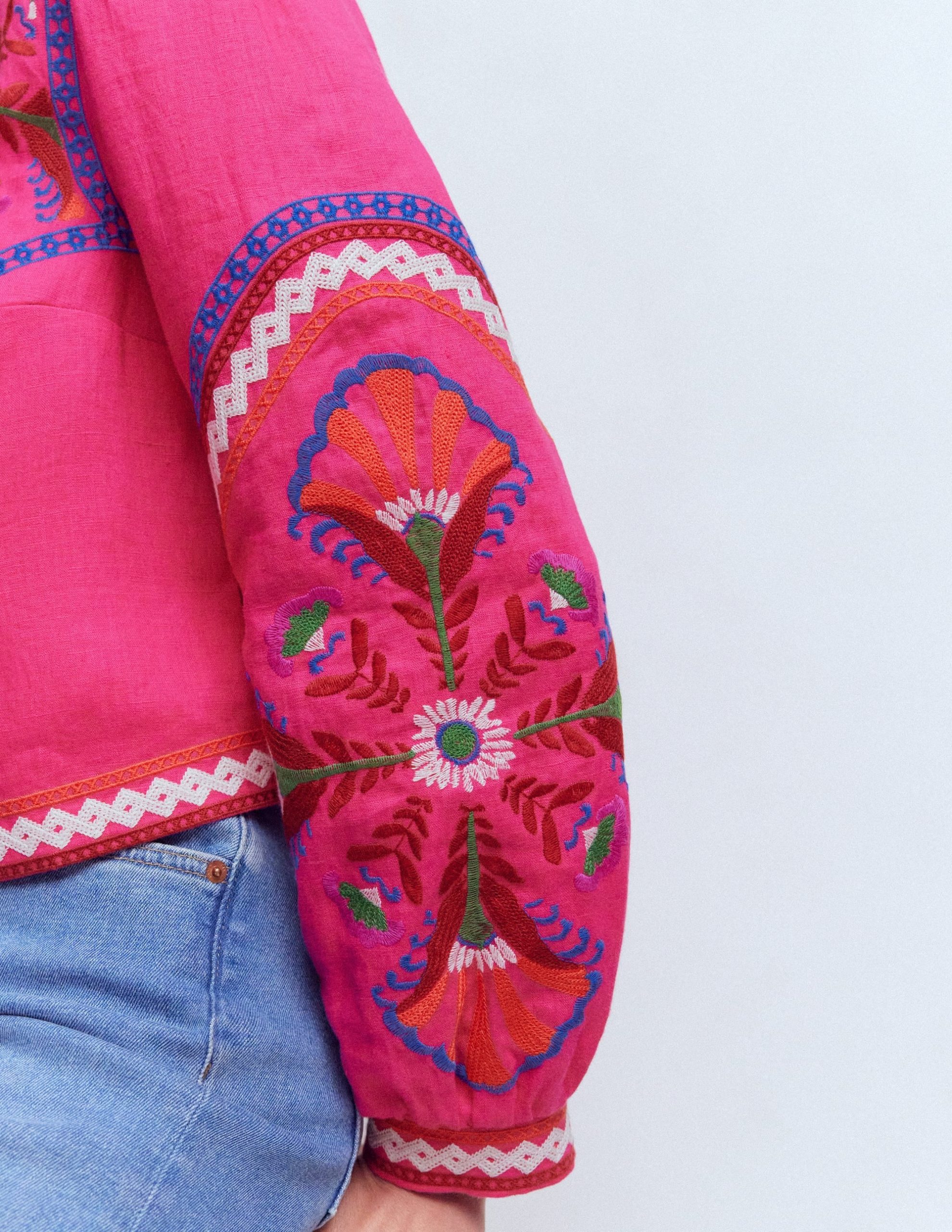 Embroidered Linen Jacket-Pink Peony. Embroidered - Image 4