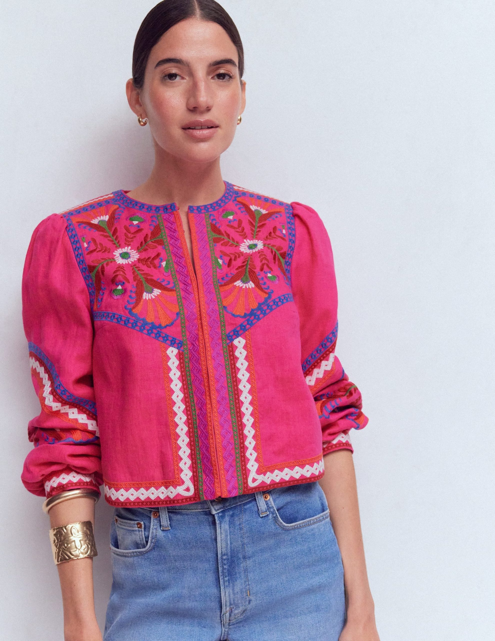 Embroidered Linen Jacket-Pink Peony. Embroidered - Image 5