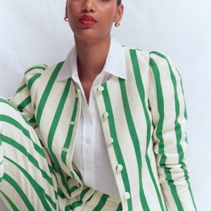 Salisbury Puff Sleeve Jacket-Ivory. Fresh Green Stripe