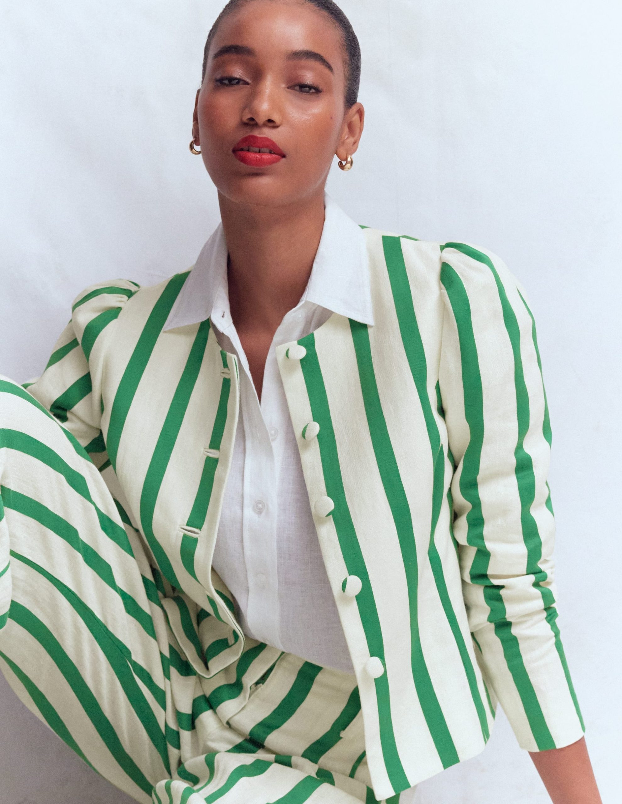 Salisbury Puff Sleeve Jacket-Ivory. Fresh Green Stripe