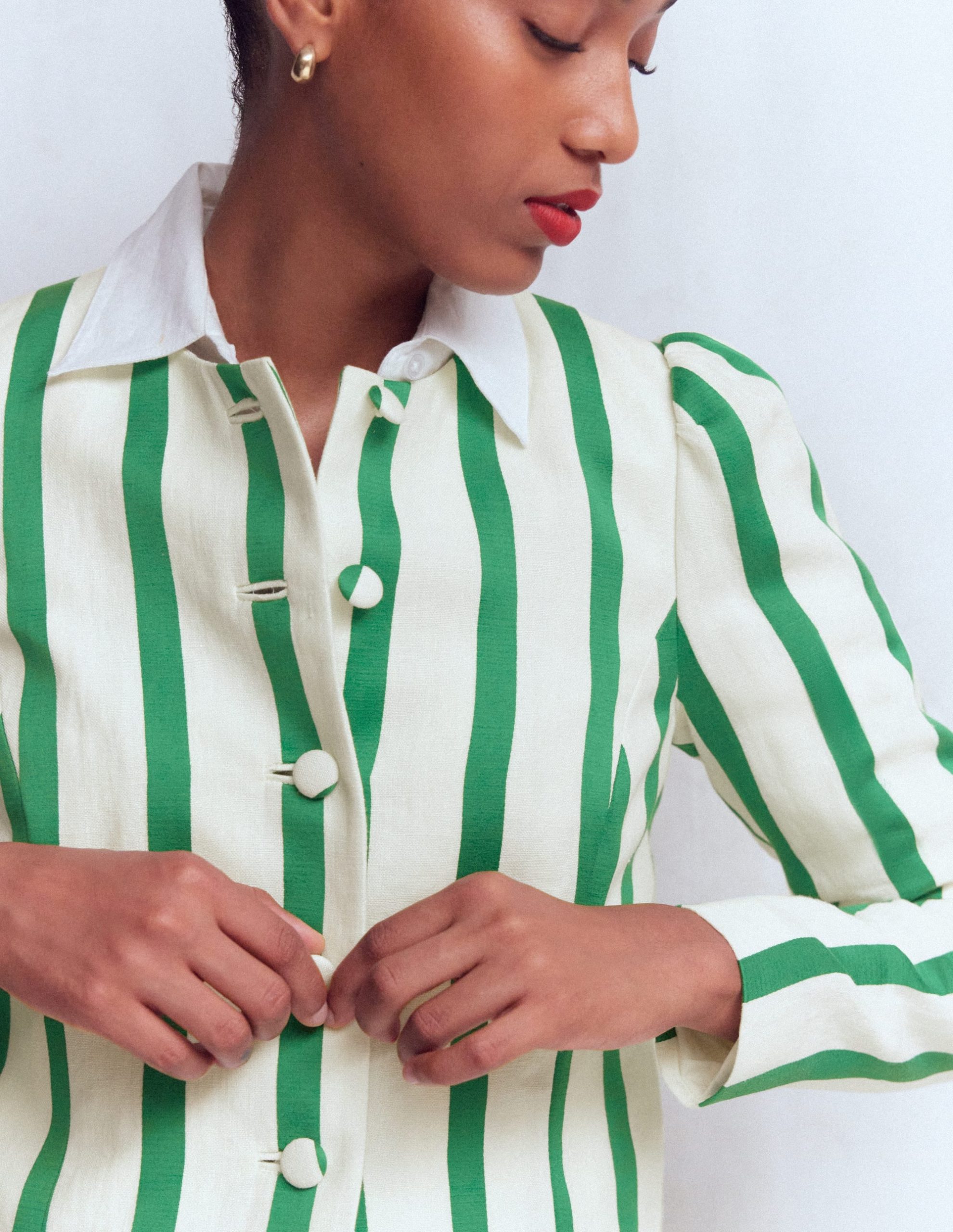 Salisbury Puff Sleeve Jacket-Ivory. Fresh Green Stripe - Image 3