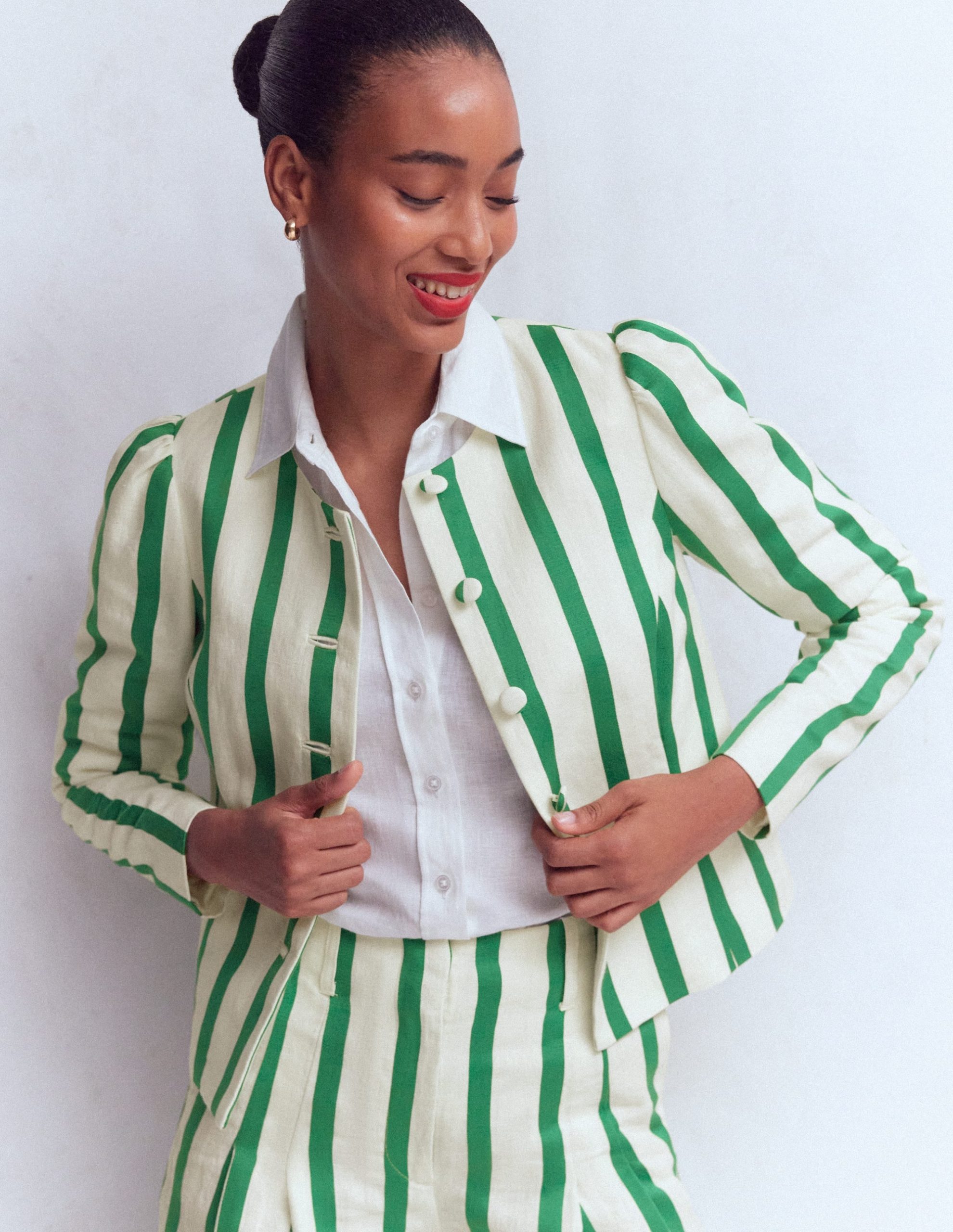 Salisbury Puff Sleeve Jacket-Ivory. Fresh Green Stripe - Image 5
