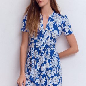 Naomi Short Sleeve Dress-Blue. Botanical Flourish Mono