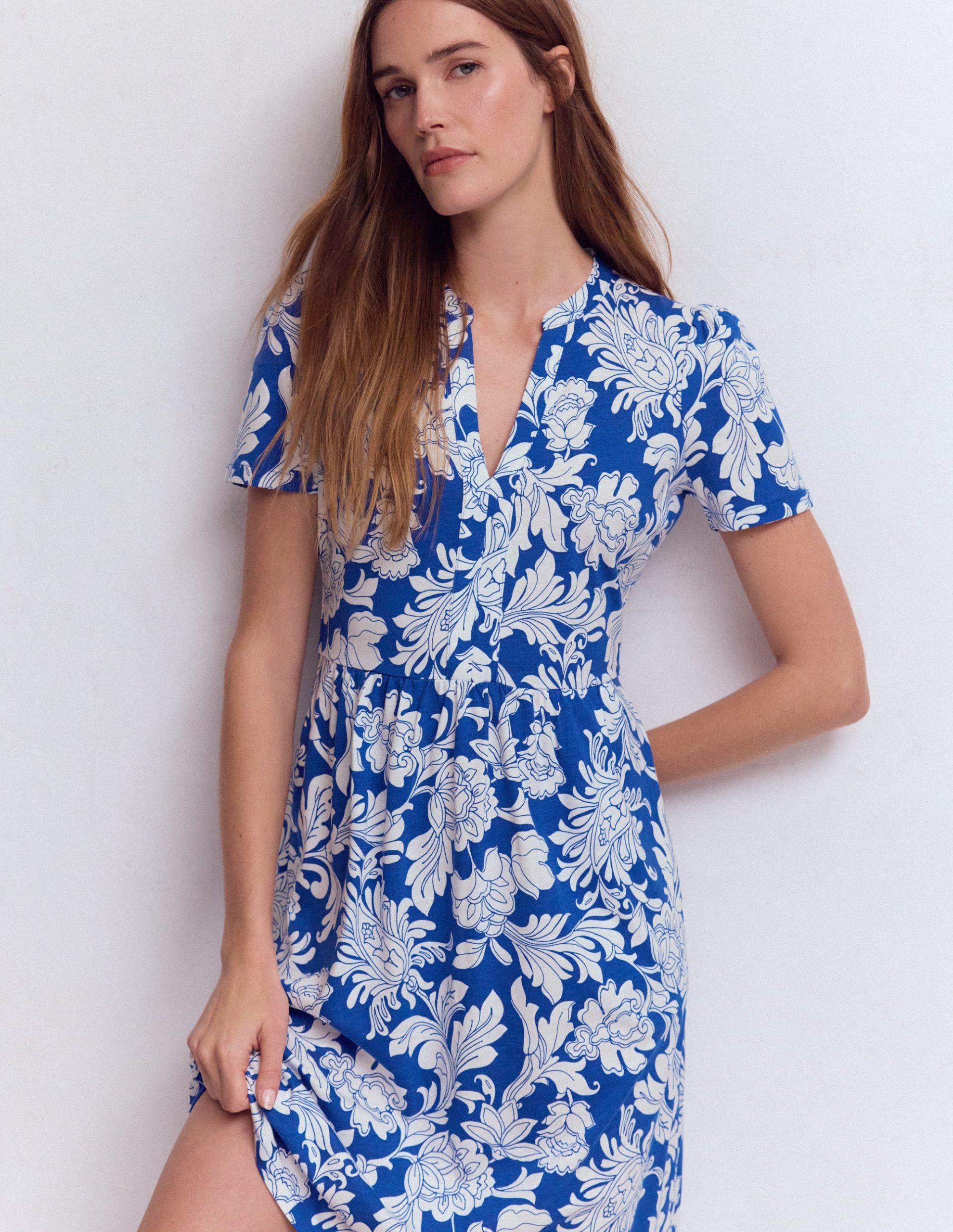 Naomi Short Sleeve Dress-Blue. Botanical Flourish Mono