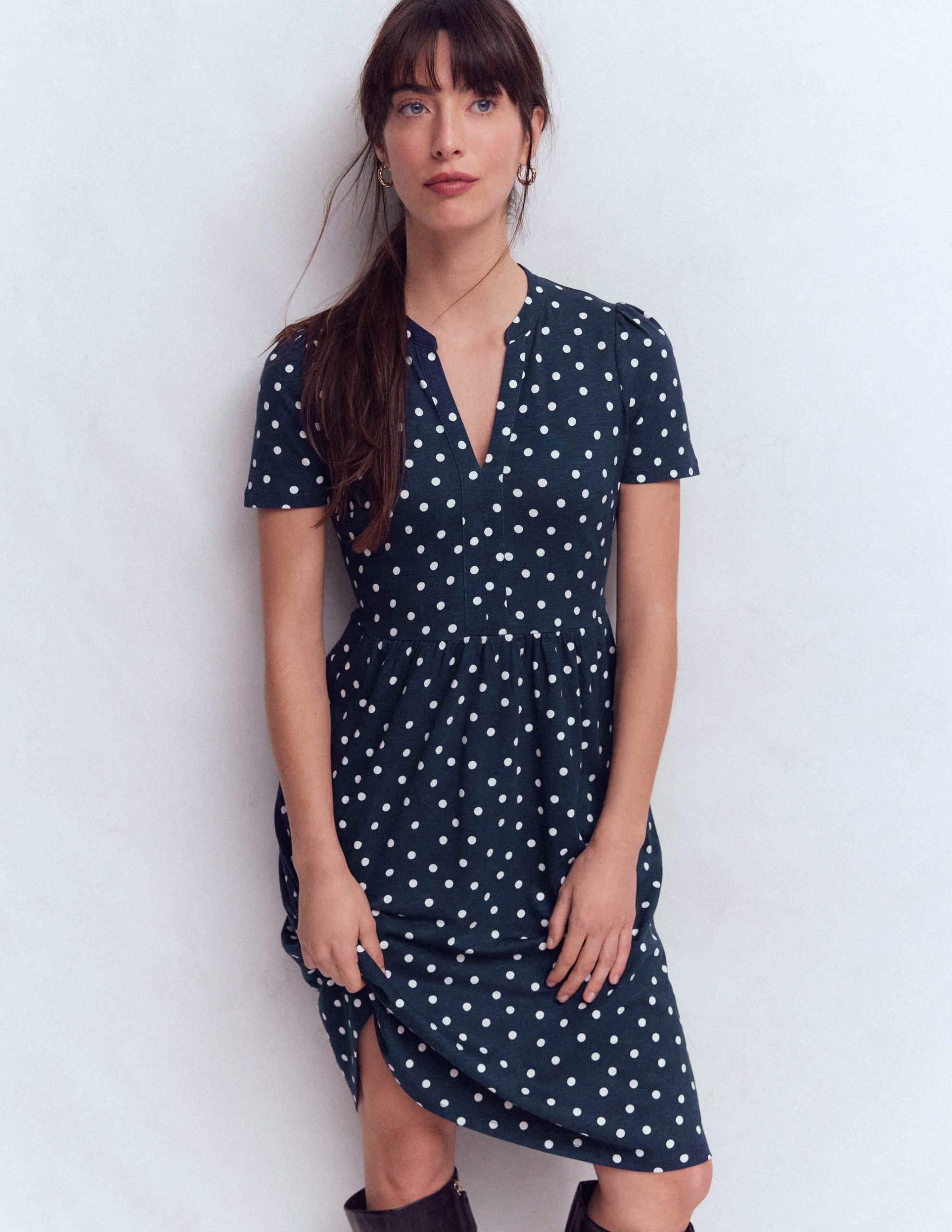 Naomi Short Sleeve Dress-French Navy. Painted Dot