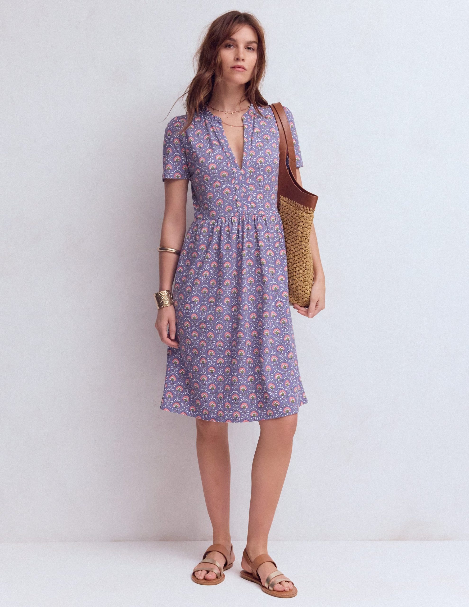 Naomi Short Sleeve Dress-Purple Thistle. Flower Lattice