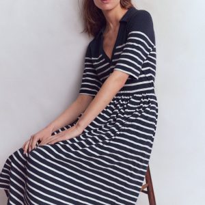 Aria Collared Jersey Dress-Navy. Ivory Stripe