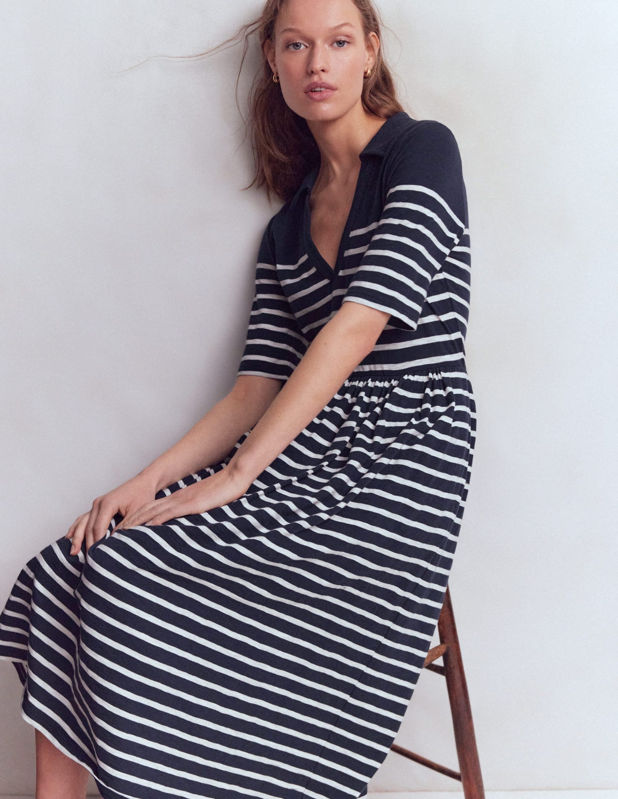 Aria Collared Jersey Dress-Navy. Ivory Stripe