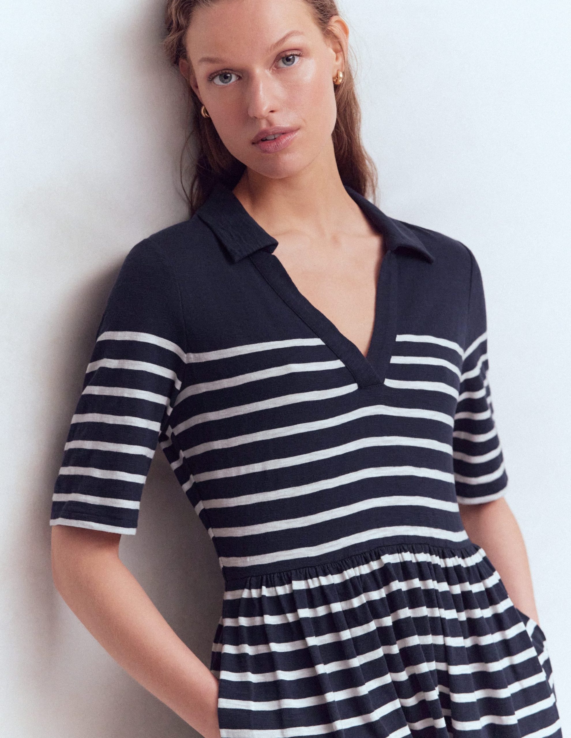 Aria Collared Jersey Dress-Navy. Ivory Stripe - Image 2