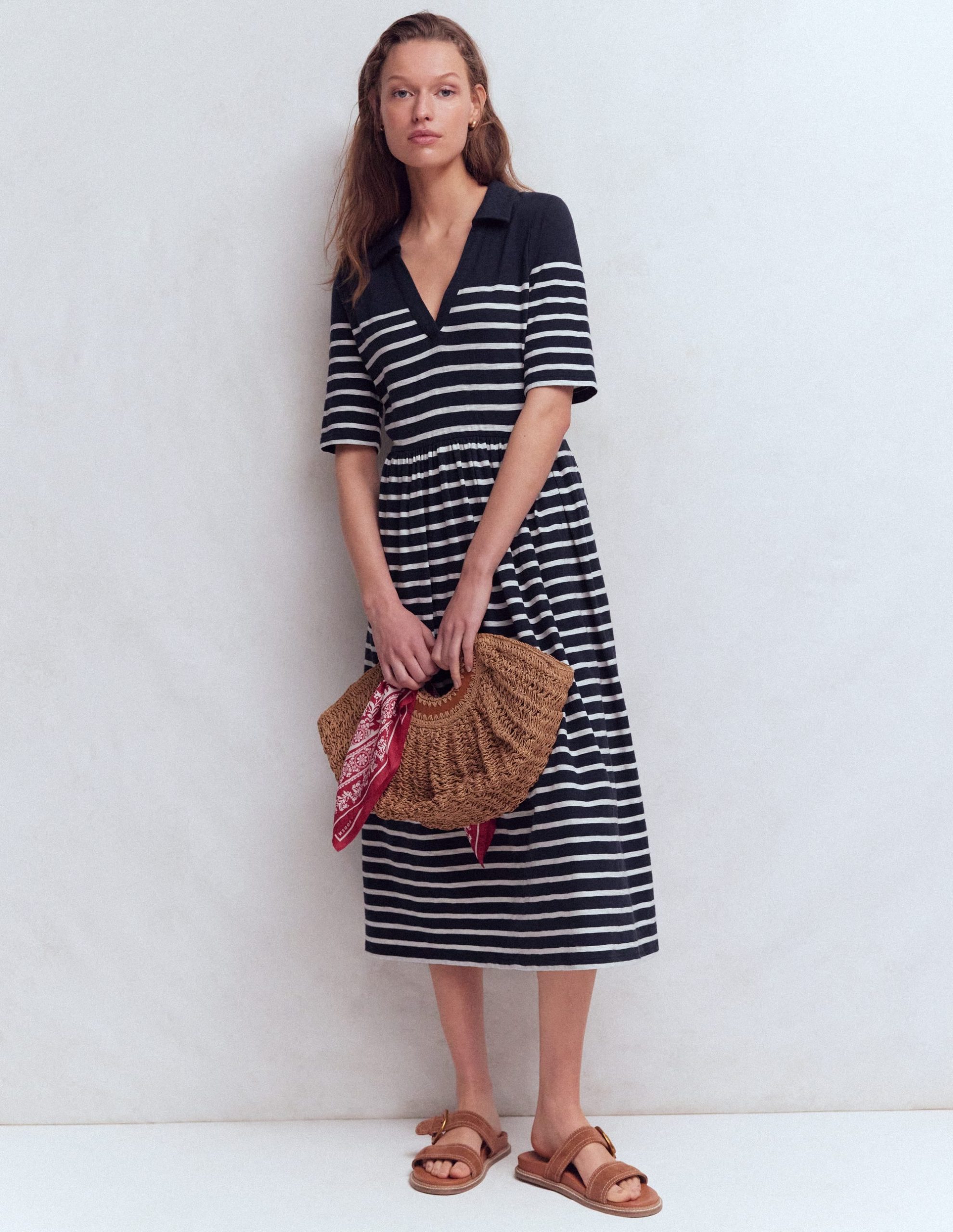Aria Collared Jersey Dress-Navy. Ivory Stripe - Image 4