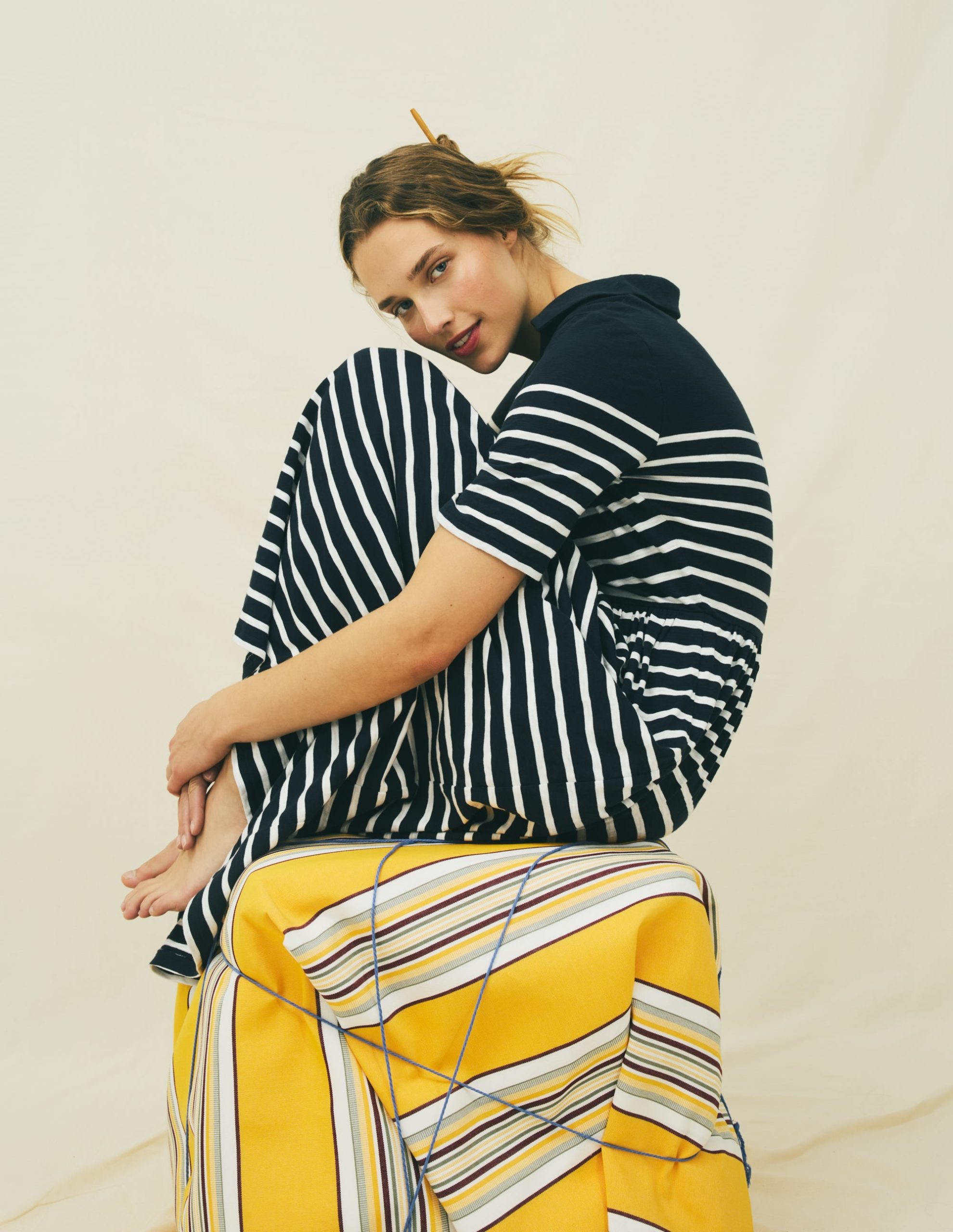 Aria Collared Jersey Dress-Navy. Ivory Stripe - Image 5