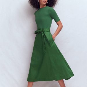 Crew Neck Mix Media Dress-Promenade Green