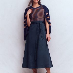 Crew Neck Mix Media Dress-Navy and Gingerbread Stripe