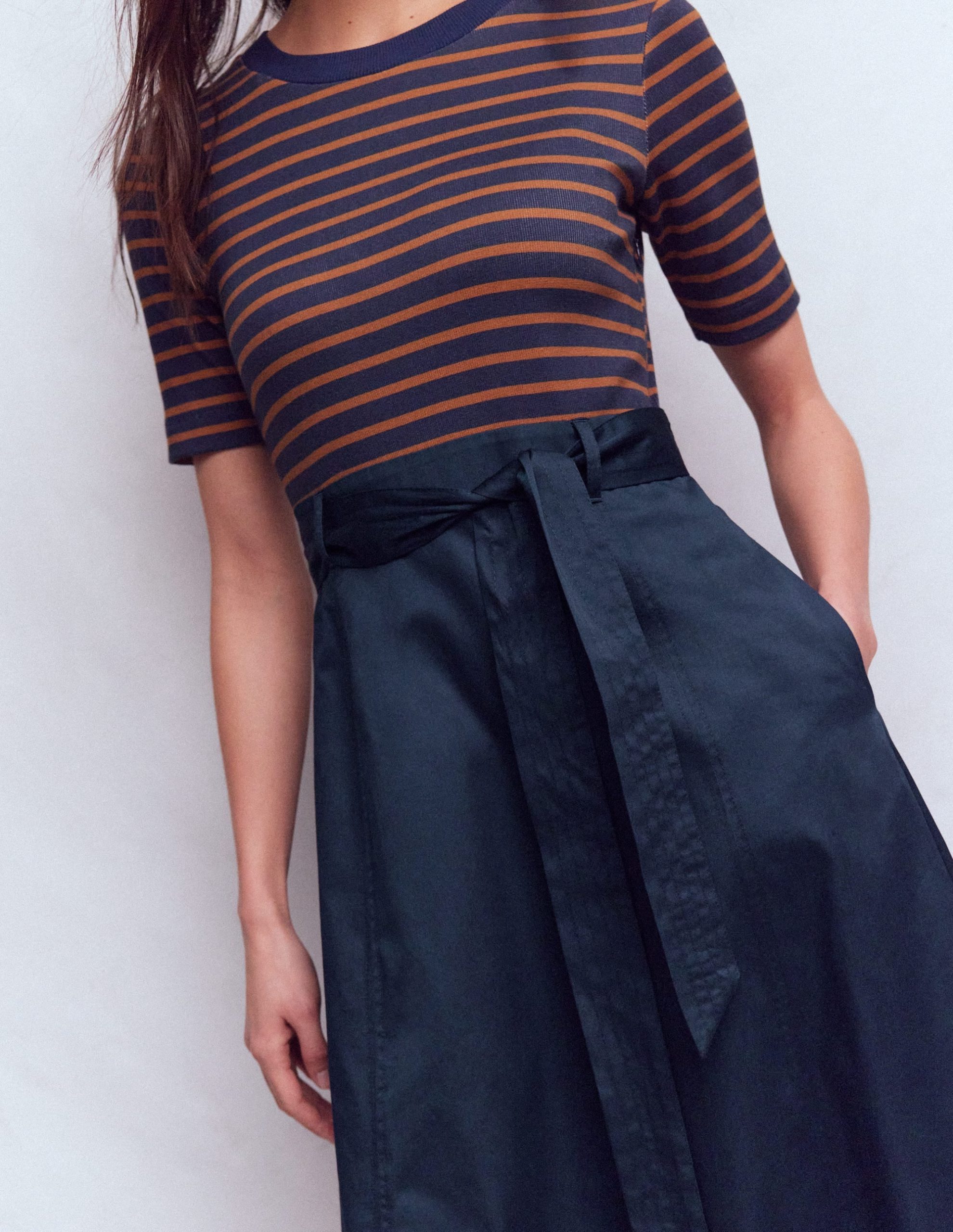 Crew Neck Mix Media Dress-Navy and Gingerbread Stripe - Image 2