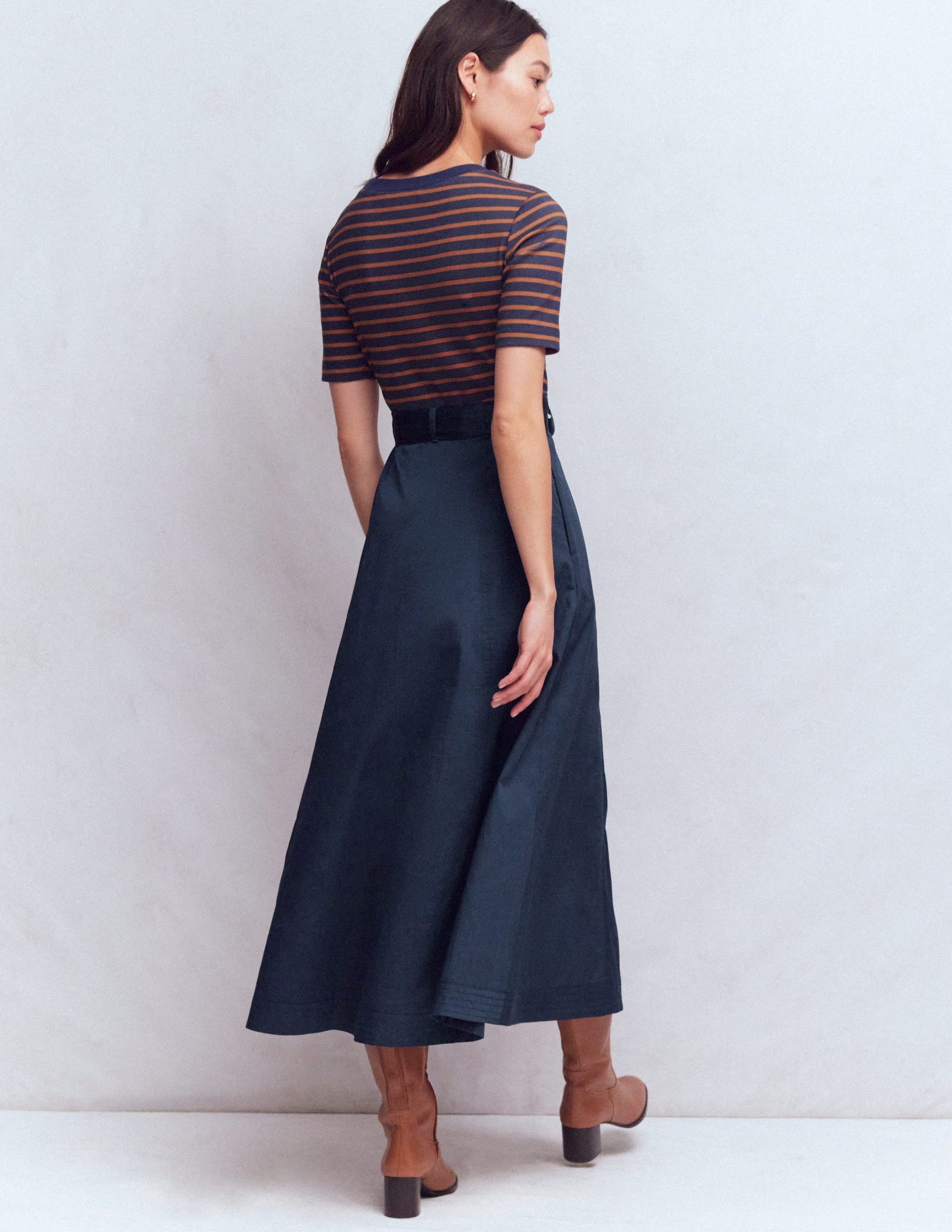 Crew Neck Mix Media Dress-Navy and Gingerbread Stripe - Image 3